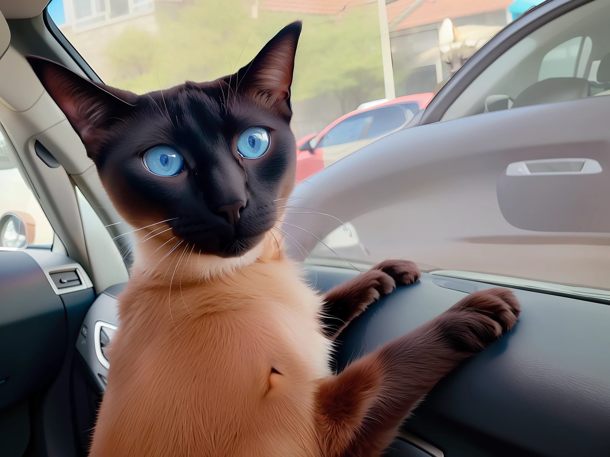 araffe cat sitting in the car looking out the window, aesthetic siamese cat, curious expression, sitting in her car, staring into the camera, taken with sony alpha 9, china blue eyes, staring directly at camera, the cat who could drive a car, staring directly into camera, she is looking at us, waving at the camera, staring at the camera