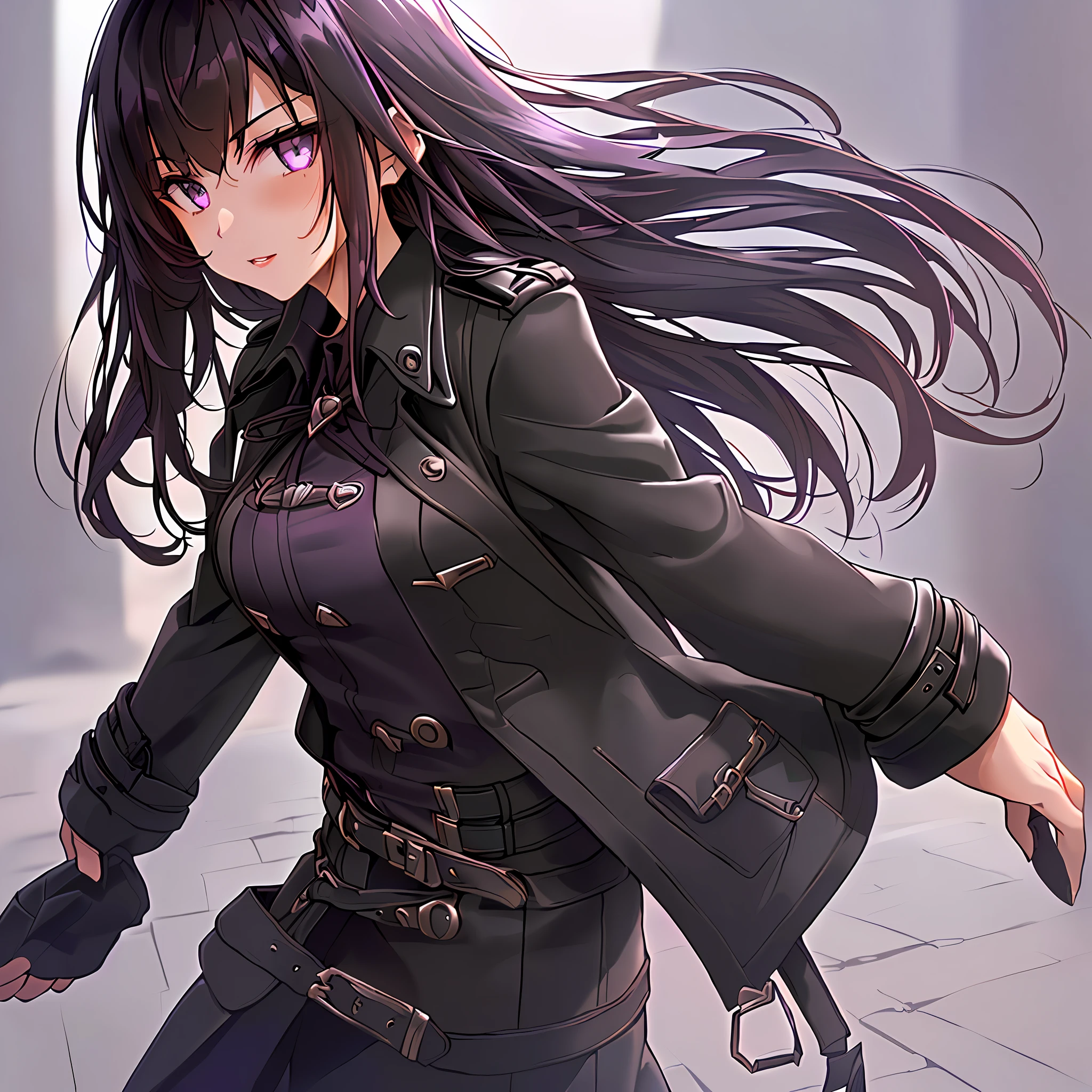 1 girl, wearing a black trench coat, dark brown hair, and light purple eyes, dynamic composition,
