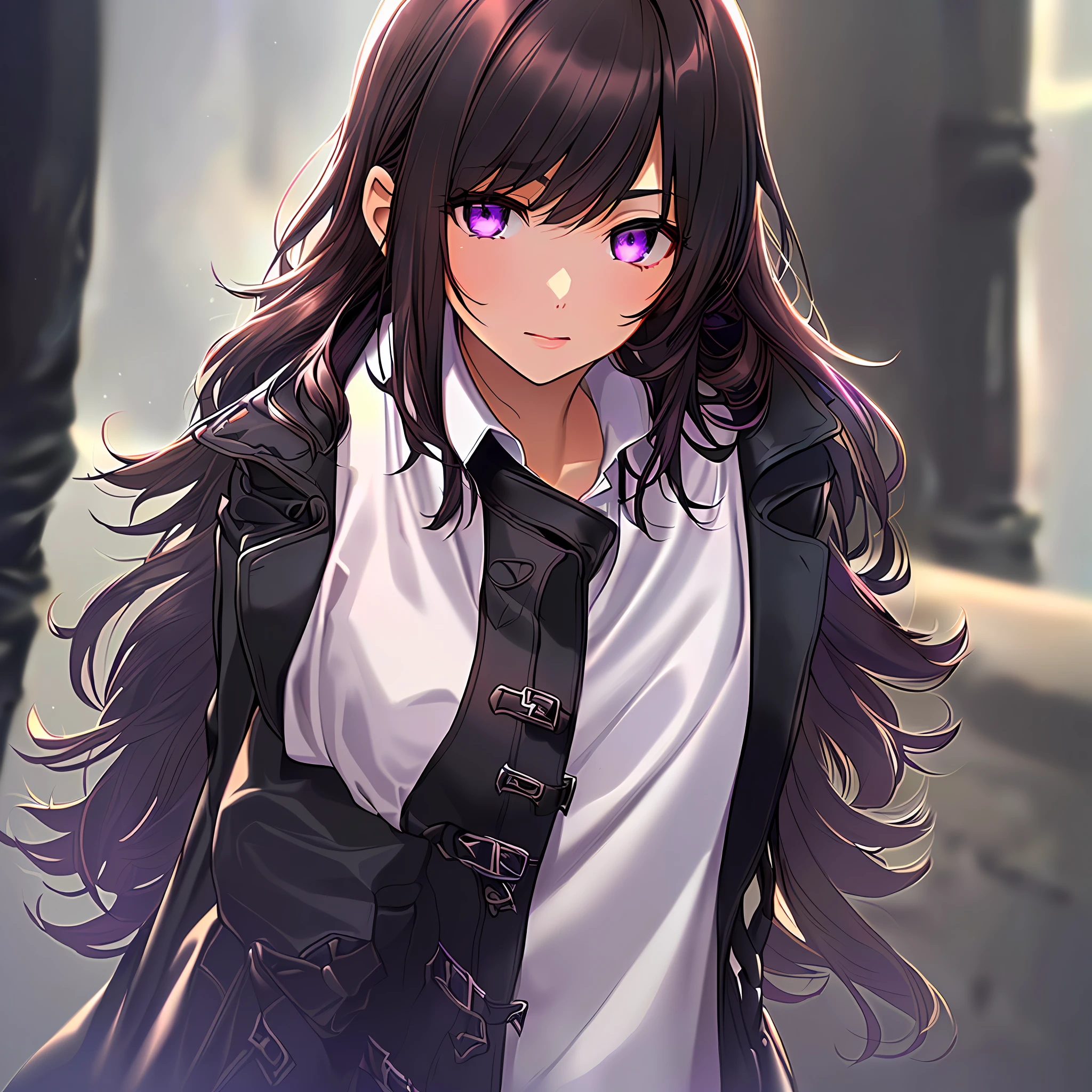 1 girl, wearing a black trench coat, dark brown hair, and light purple eyes, dynamic composition,