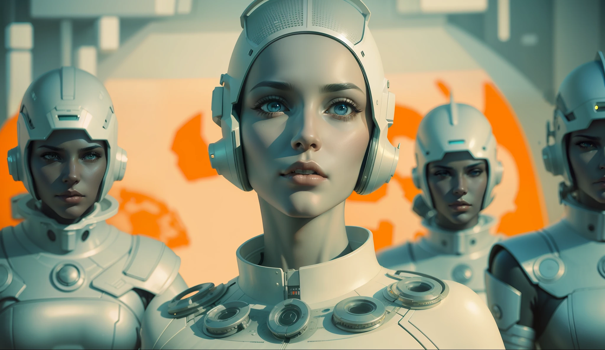 a woman with a helmet standing in front of a group of mannequins, cyberpunk art by Jim Burns, cgsociety, retrofuturism, daz3d, ps1 graphics, dystopian art