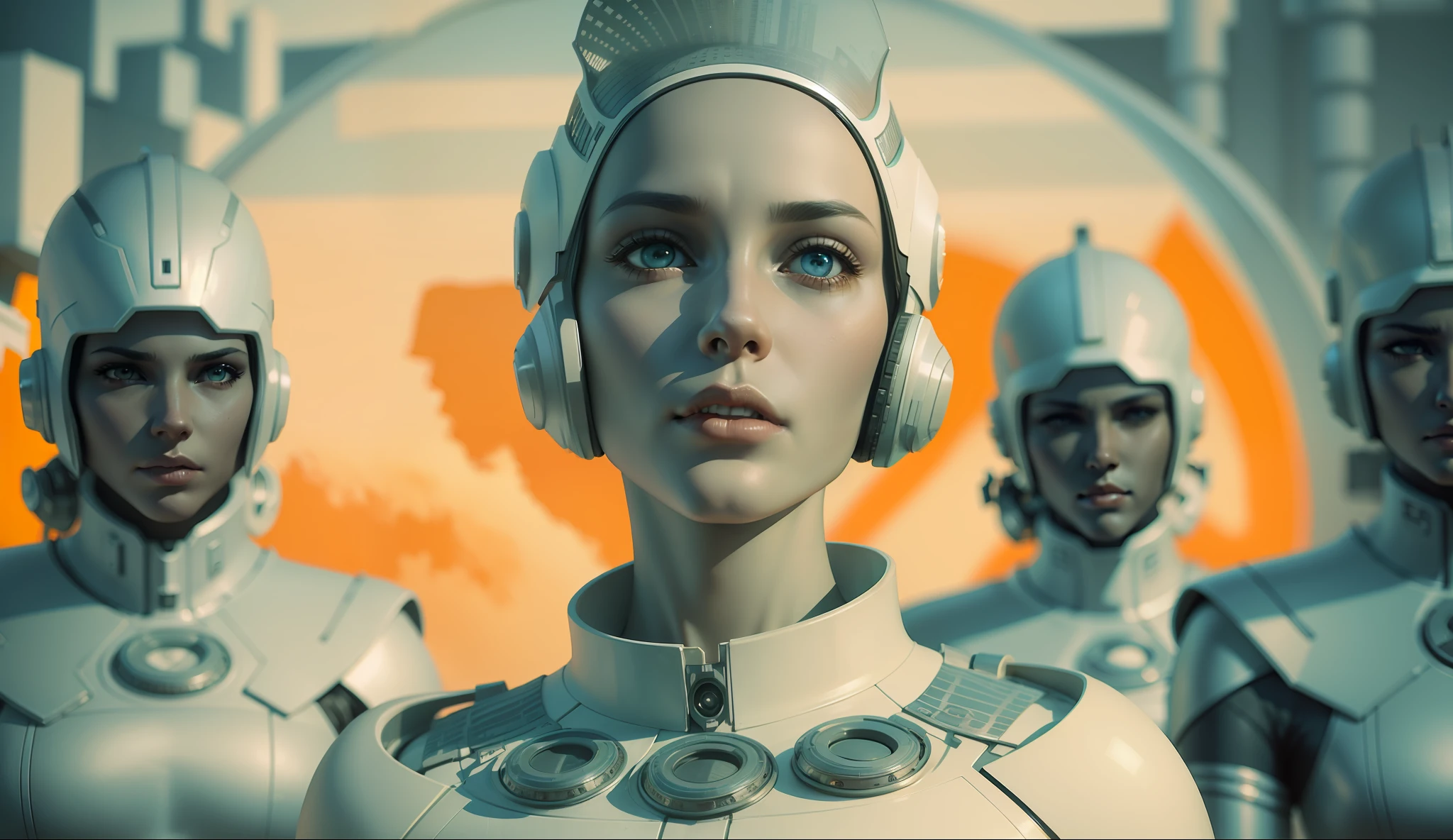 a woman with a helmet standing in front of a group of mannequins, cyberpunk art by Jim Burns, cgsociety, retrofuturism, daz3d, ps1 graphics, dystopian art