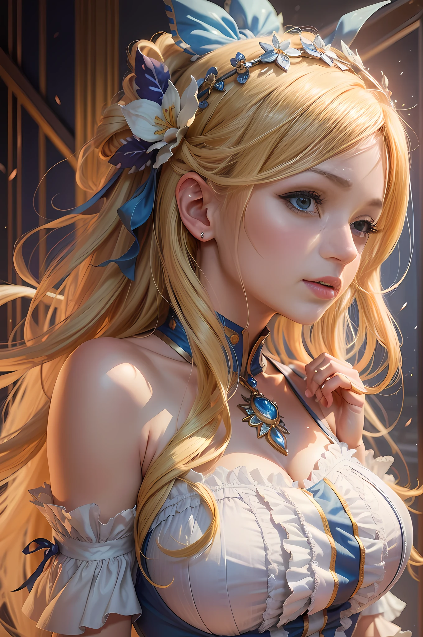 (best quality:1.3), (masterpiece:1.3), (detailed:1.3), 8K, captivating portrait of Lucy Heartfilia from the anime series "Fairy Tail." Her enchanting beauty is brought to life with meticulous attention to detail. The soft lighting gently illuminates her features, highlighting her delicate facial structure and expressive eyes. Her golden hair cascades down her shoulders, adorned with a celestial hair accessory that adds a touch of magic to the scene. The composition centers around her face, allowing her vibrant personality to shine through. The camera angle is slightly tilted, adding a sense of dynamism and reflecting the adventurous spirit of her character. Every element in the artwork pays homage to Lucy Heartfilia's charm and presence in the anime world.