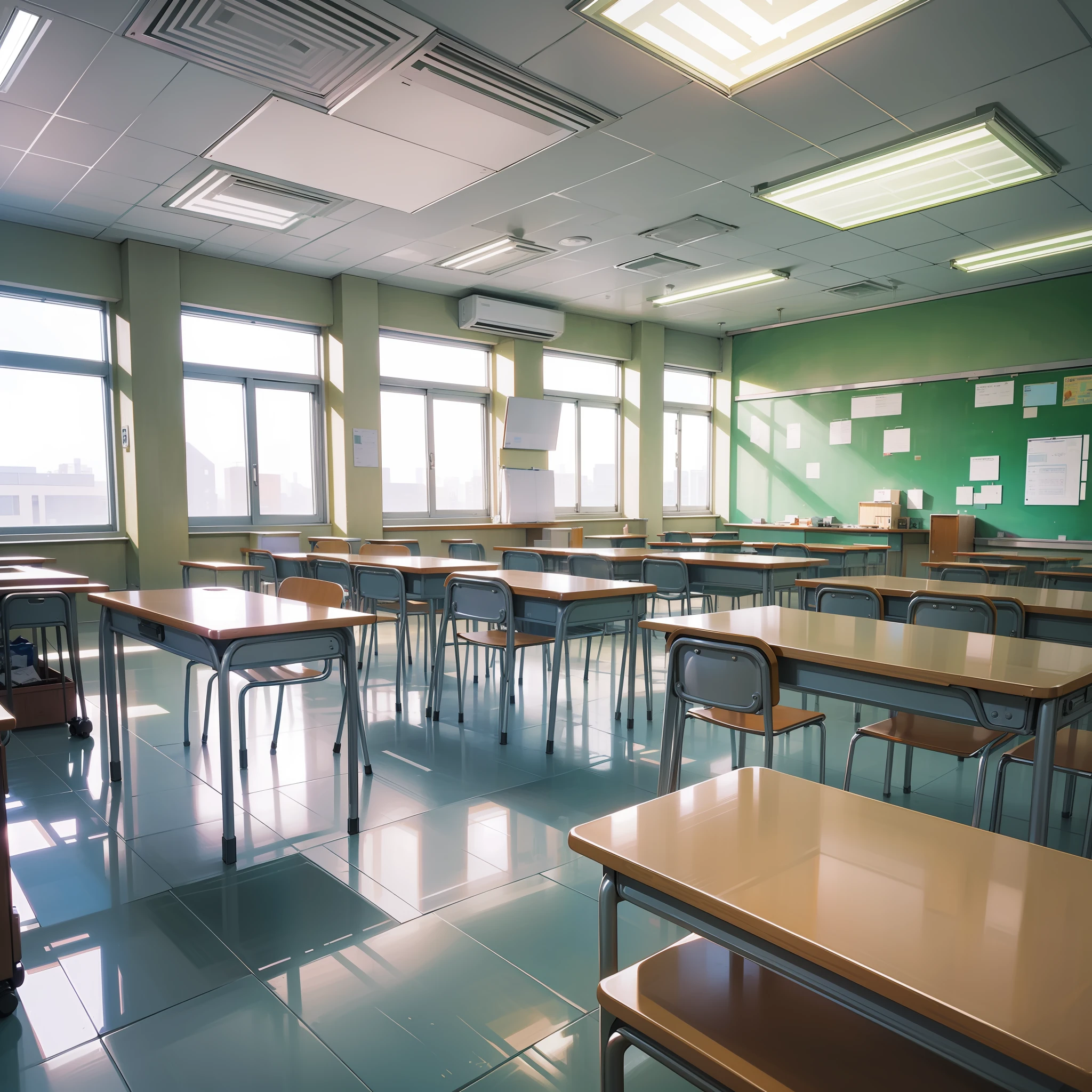 8k, primary school classroom panorama, (full glass material: 1.5), the teacher's podium is located in front or side of the classroom opposite the student seat, the table and chairs are made of glass, arranged in rows, students can sit on it to listen to lectures and do homework, blackboard glass material in front or side of the podium, usually hang a variety of posters, pictures, class calendars and student works, classroom doors and windows glass material is usually located on one or both sides for ventilation and lighting, Lockers are usually made of glass on the side of the classroom for students to store bags and other items.