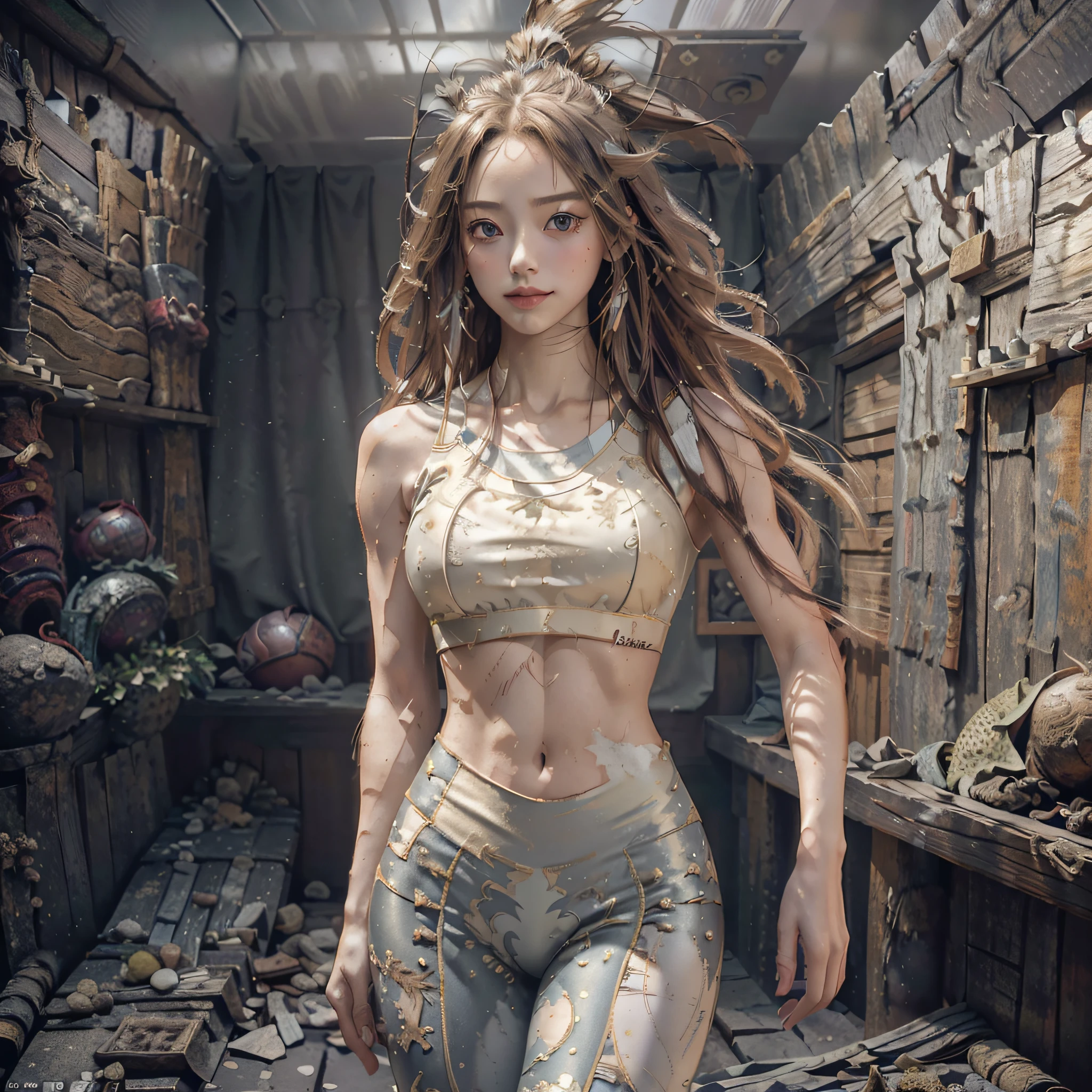 (solo), (a detailed full body RAW photo of a girl), (masterpiece:1.0), (best quality:1.4), (ultra highres:1.2), (photorealistic:1.4), 8k resolution, Canon EOS R5, 50mm, absurdres, ultra detailed, (18yo), sharp focus, cinematic lighting, detailed beautiful face, (heavy makeup:1.2), (ulzzang-6500-v1.1), petite figure, detailed skin texture, pale skin, flat chest, (skinny and fit body:1.3), thigh gap, detailed long blond hair, messy hair, (Avril Lavigne:0.7), smiling, (sports bra, sports leggings:1.3), realistic glistening skin, (bedroom:1.2), --auto --s2