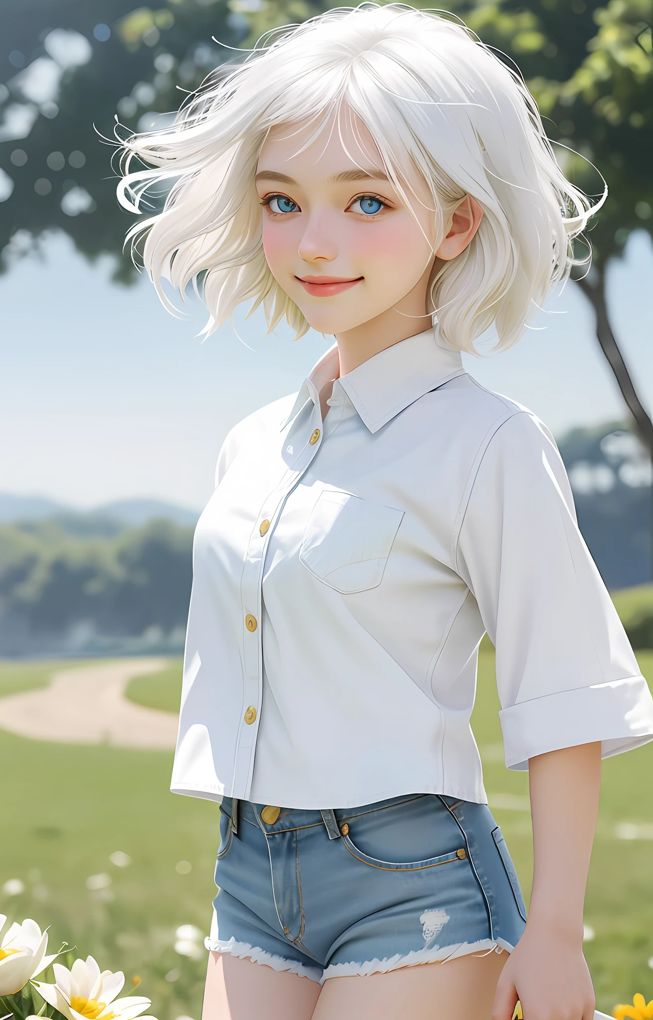 1 girl, short hair big waves, white hair, golden eyes, white clothes, denim shorts, perfect figure, deep view, pastoral background, flowers, close-up, large aperture, blurred background, smile healing, very healing, very beautiful girl, beautiful that people can't forget when they see it, perfect picture quality, big eyes cute girl, feeling of first love, running on the field.