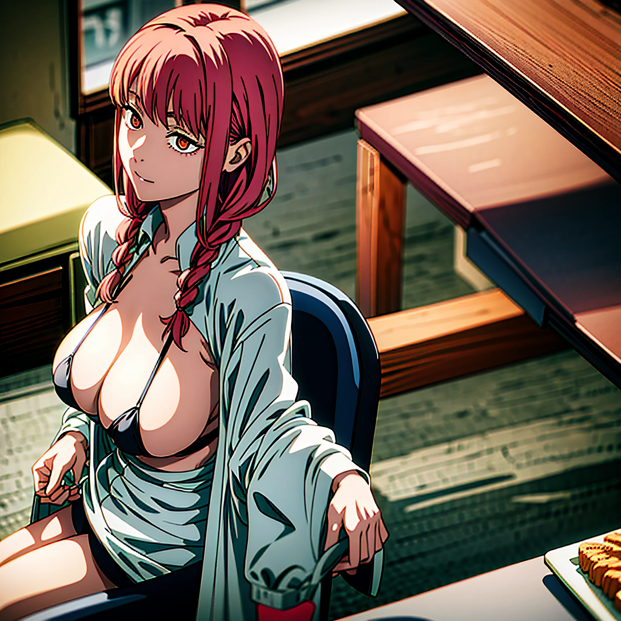 (white skin:0.6), crowded:1.7,((masterpiece,best quality)),sitting,sitting in the restaurant, eating food, cottage,beach resort:1.5, crowded:1.7, table ,water park, amusement park, 1gir,makima \(chainsaw man\), best quality, ultra detailed, 1girl, , standing, long braided hair, golden eyes, bangs,, large boobs, stare, ,black bikini, Pink Hair,