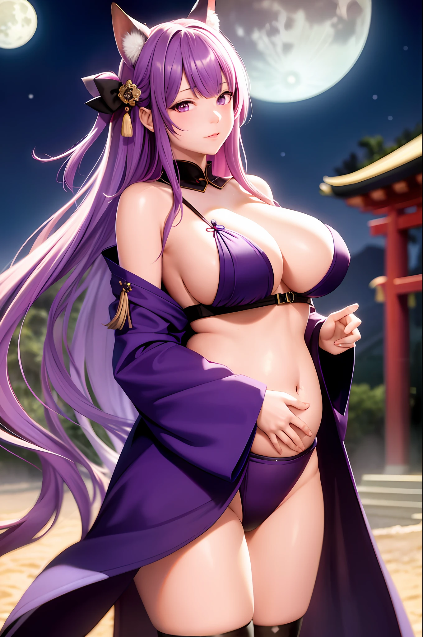 Masterpiece, Best Quality, Multiple Girls, Tits, 2Girls, Yae Witch, Raiden Shogun, Purple Eyes, Pink Hair, Japanese Costume, Purple Hair, Big Breasts, Long Hair, Cleavage, Hair Accessories, Thighs, Purple Kimono, Stockings, Bangs, Beast Ears, Sleeve Removal, Fox Ears, Wide Sleeves, Kimono, Moon, Weapon, Braid, (KBXLL: 0.8), Early Pregnancy, Holding
