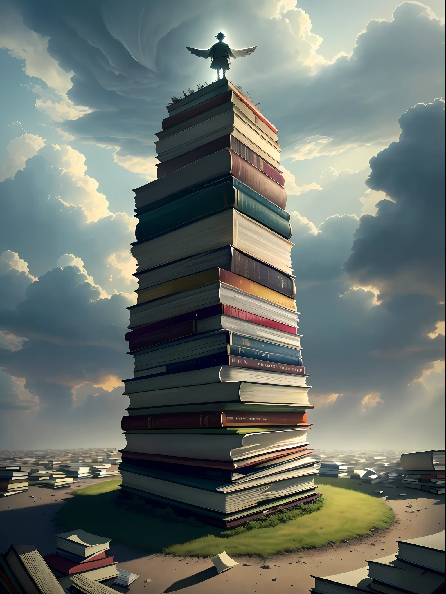 A huge (monster) piled up with many books, its hands have collapsed, various books are scattered under the sculpture, a tornado in the sky rolls up a lot of pieces of paper, the dark clouds shine through the sunlight, and there is a figure of a small child standing on the ground, a very allegorical picture, high quality, 8k