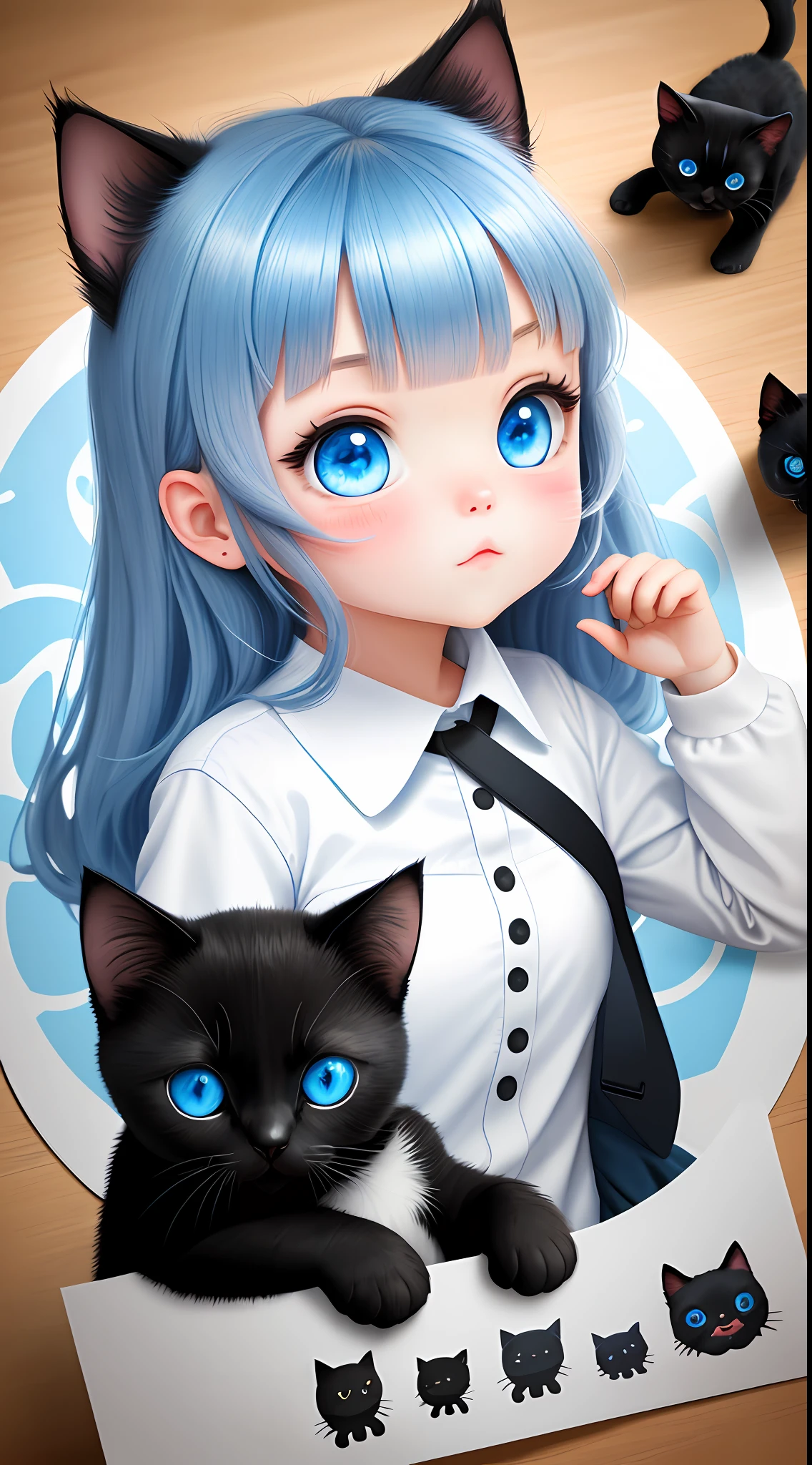 Sticker with big and cute blue eyes with black kitten outline