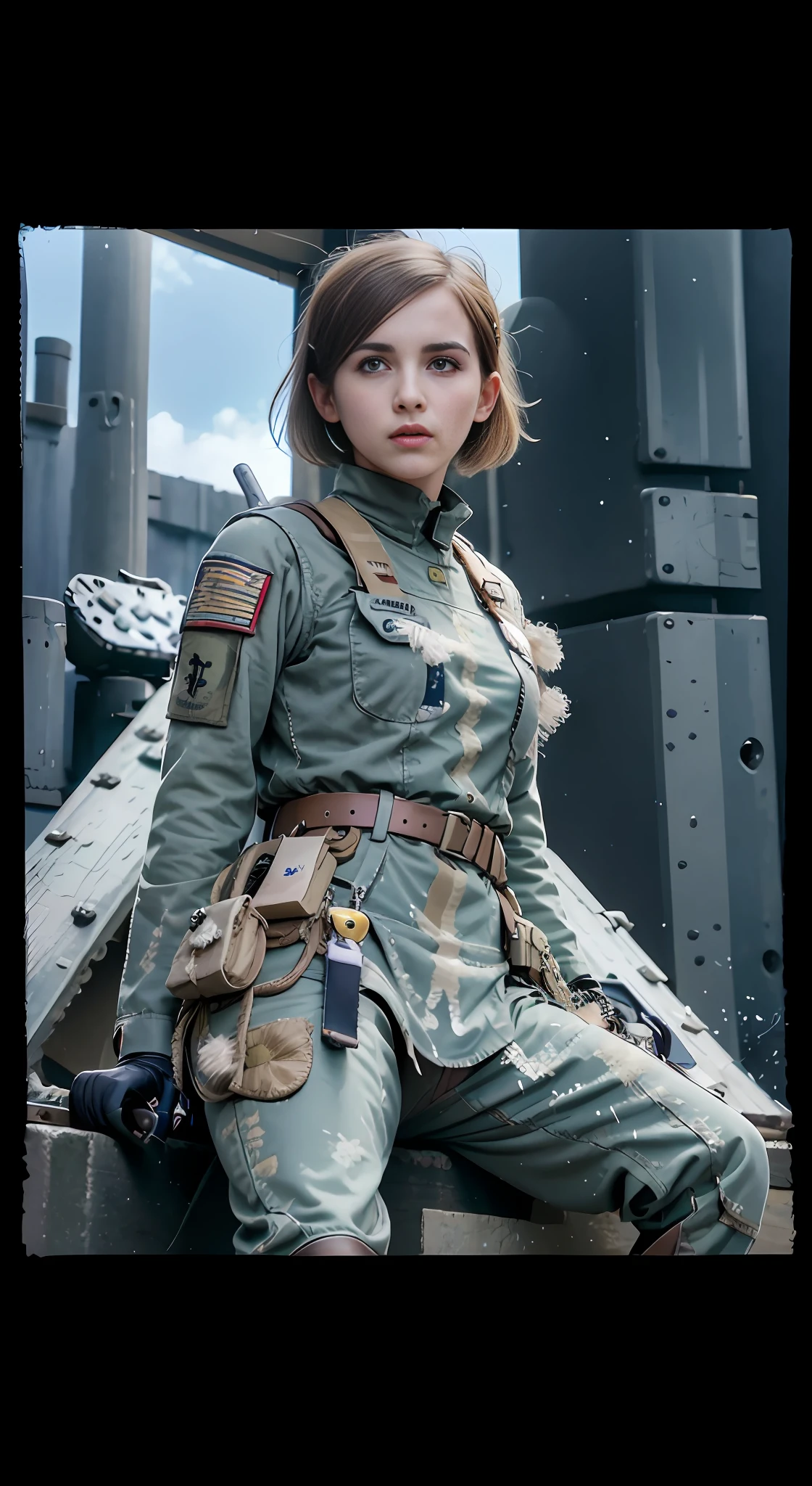 freckles on face, Alafis sitting on bench in military uniform, mechanized soldier girl, quiet solid from metal gear, soldier girl, wearing military uniform, infantry girl, emma watson Vietnam gate gunner, dieselpunk soldier girl, military uniform, soldier costume, quiet from metal gear solid v, military girl, solo female character, military women's clothing, from metal gear