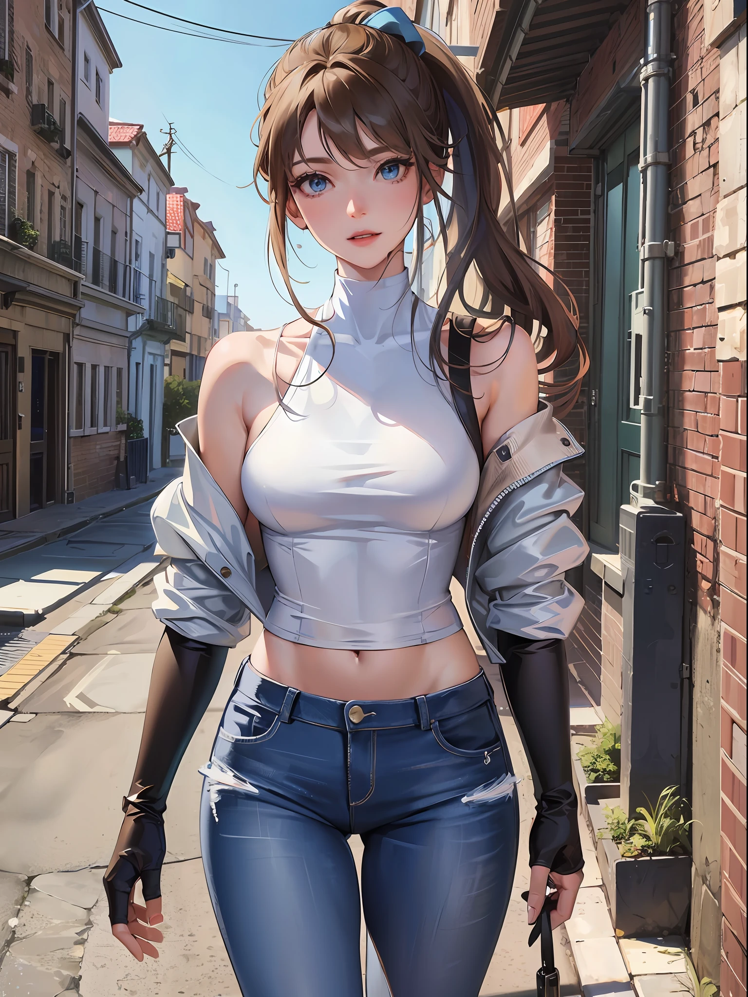 16K, HDR, ray tracing, RTX, ultra realistic, highres, best quality, masterpiece, half body image, (perfect anatomy ), a beautiful mature girlfriend posing for a photograph in an alleyway, wearing a modern white t-shirt with a black off shoulder jacket, light blue jeans, brown ponytail, bangs, happy chuckle, carrying a brown leather hand bad, blue eyes, muscular lean body, looking at the camera, day time, blue sky, anime style, outdoors, trending on artstation, WLOP, sakimichan, award wining, great composition, perfect, great lighting