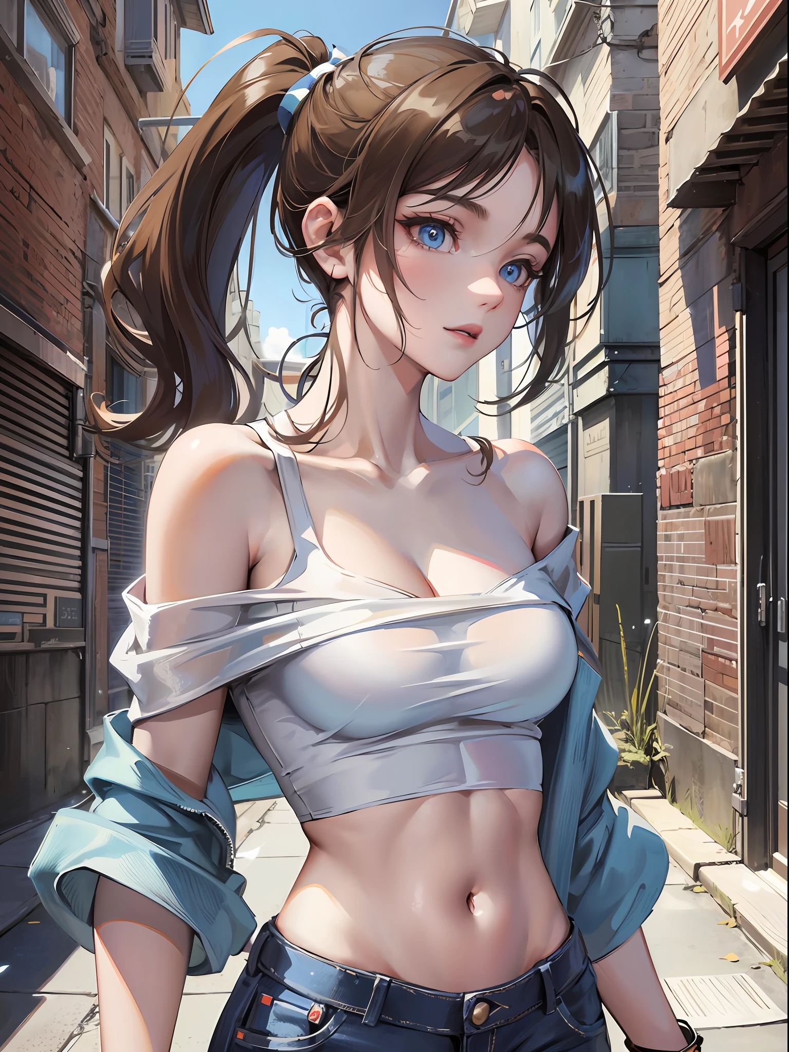 16K, HDR, ray tracing, RTX, ultra realistic, highres,  best quality, masterpiece, half body image, (perfect ??????? ), a beautiful mature girlfriend posing for a photograph in an alleyway, wearing a modern white t-shirt with a black off shoulder jacket, light blue jeans, brown ponytail, bangs, happy chuckle, carrying a brown leather hand bad, blue eyes, muscular lean body, looking at the camera, day time, blue sky, anime style, outdoors, trending on artstation, WLOP, sakimichan, award wining, great composition, perfect, great lighting