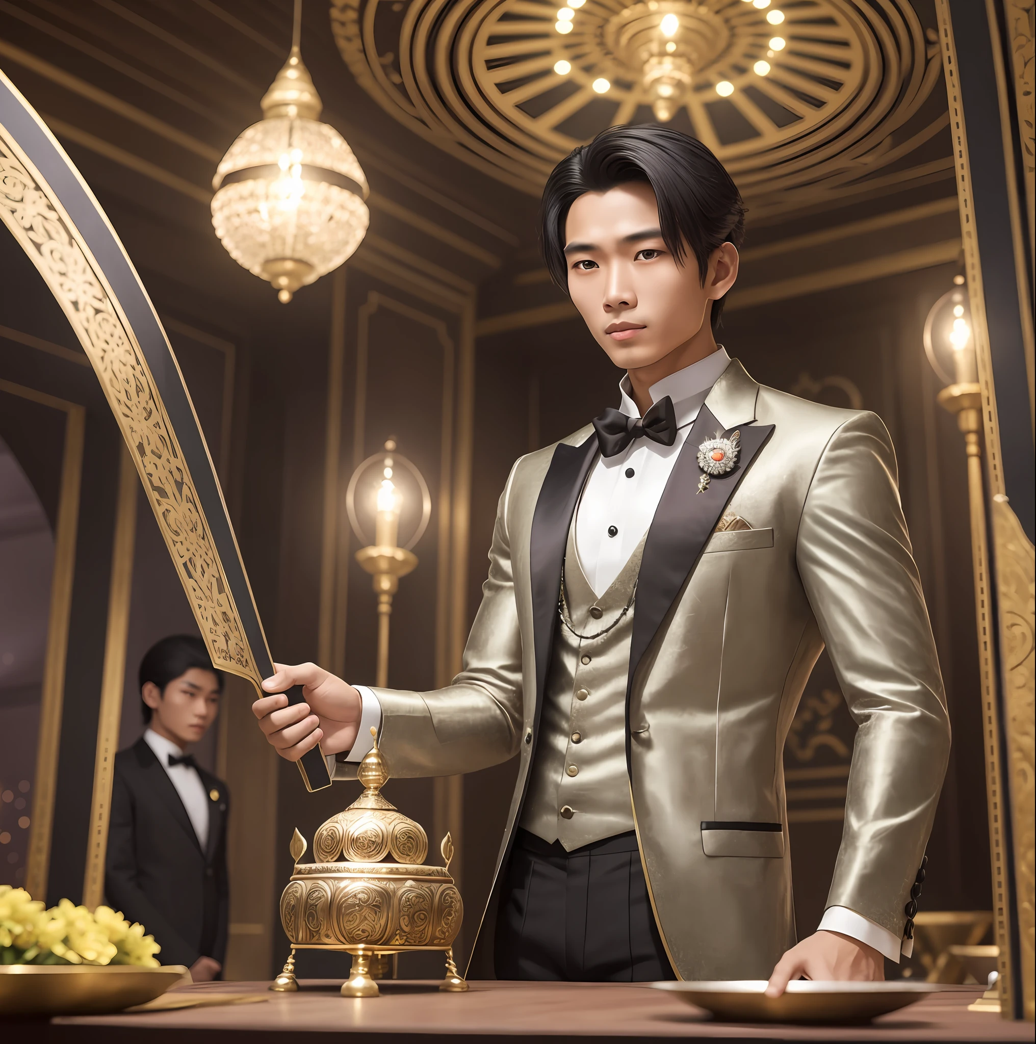 Create the image of a young 20-year-old Thai, handsome, who has silver eyes and wears black gala clothes, behind him, rising in the night, has a Victorian stone mansion --auto --s2