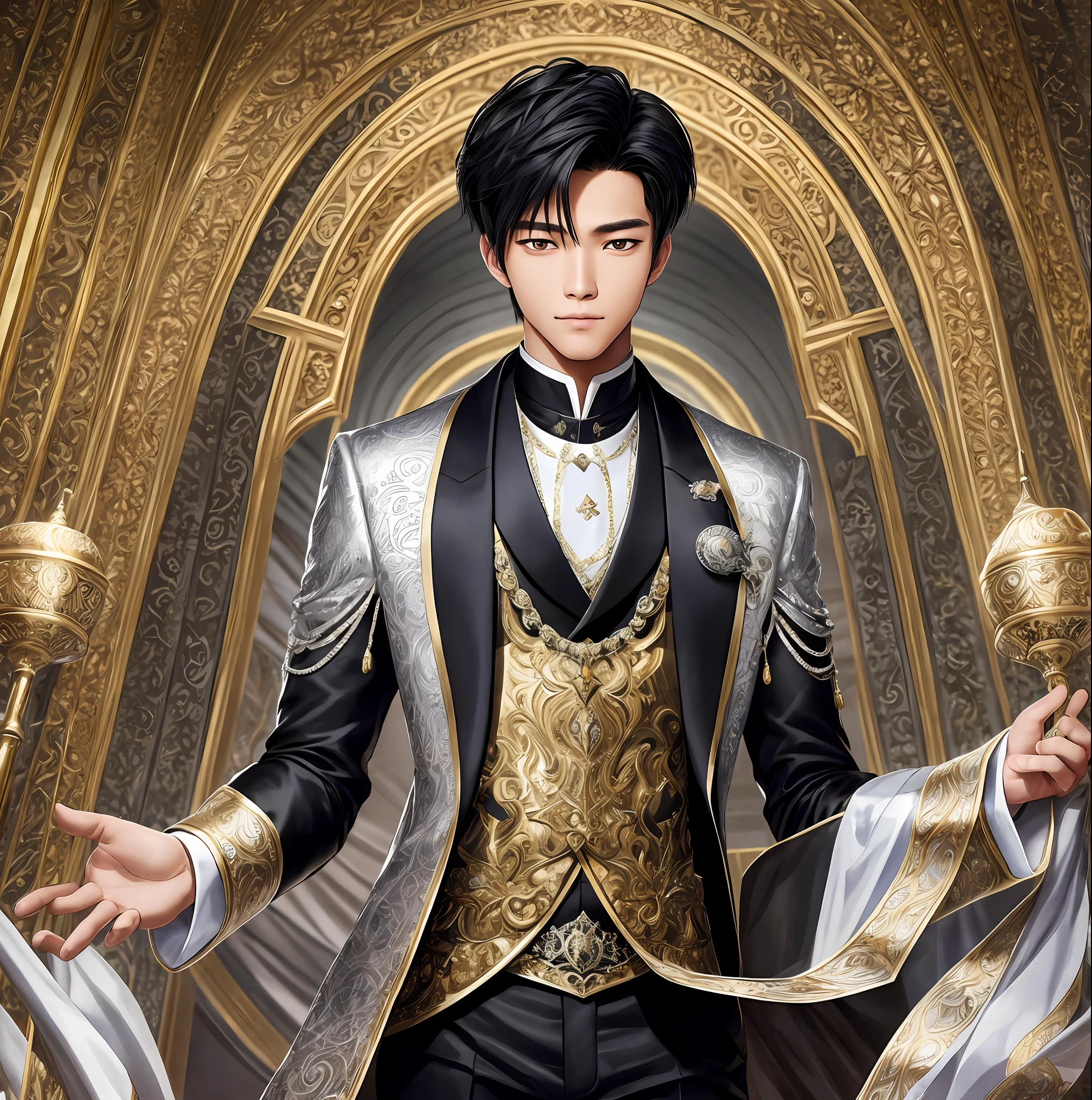 For the cover of Livrro "Silver Prince" by author David Franklin: Create the image of a young 20-year-old Thai, handsome, who has silver eyes and wears black gala clothes, behind him, rising in the night, has a Victorian stone mansion --auto --s2