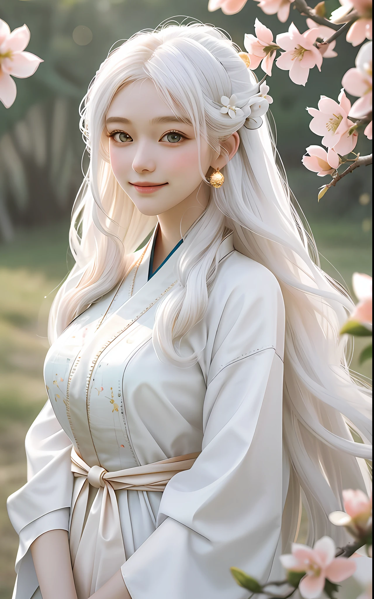 1 girl, long hair big waves, white hair, golden eyes, white Hanfu, robe, perfect body, deep view, peach blossoms flying, flowers, close-up, large aperture, blurred background, smile healing, very healing, very beautiful girl, beautiful beauty that people can't forget when they see it, perfect picture quality, big eyes cute girl, feeling of first love, peach blossom forest