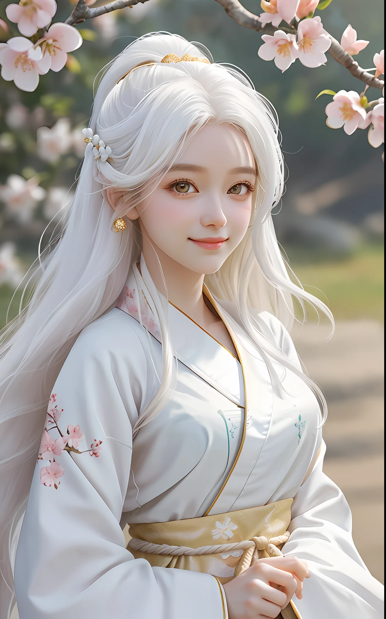 1 girl, long hair big waves, white hair, golden eyes, white Hanfu, robe, perfect body, deep view, peach blossoms flying, flowers, close-up, large aperture, blurred background, smile healing, very healing, very beautiful girl, beautiful beauty that people can't forget when they see it, perfect picture quality, big eyes cute girl, feeling of first love, peach blossom forest
