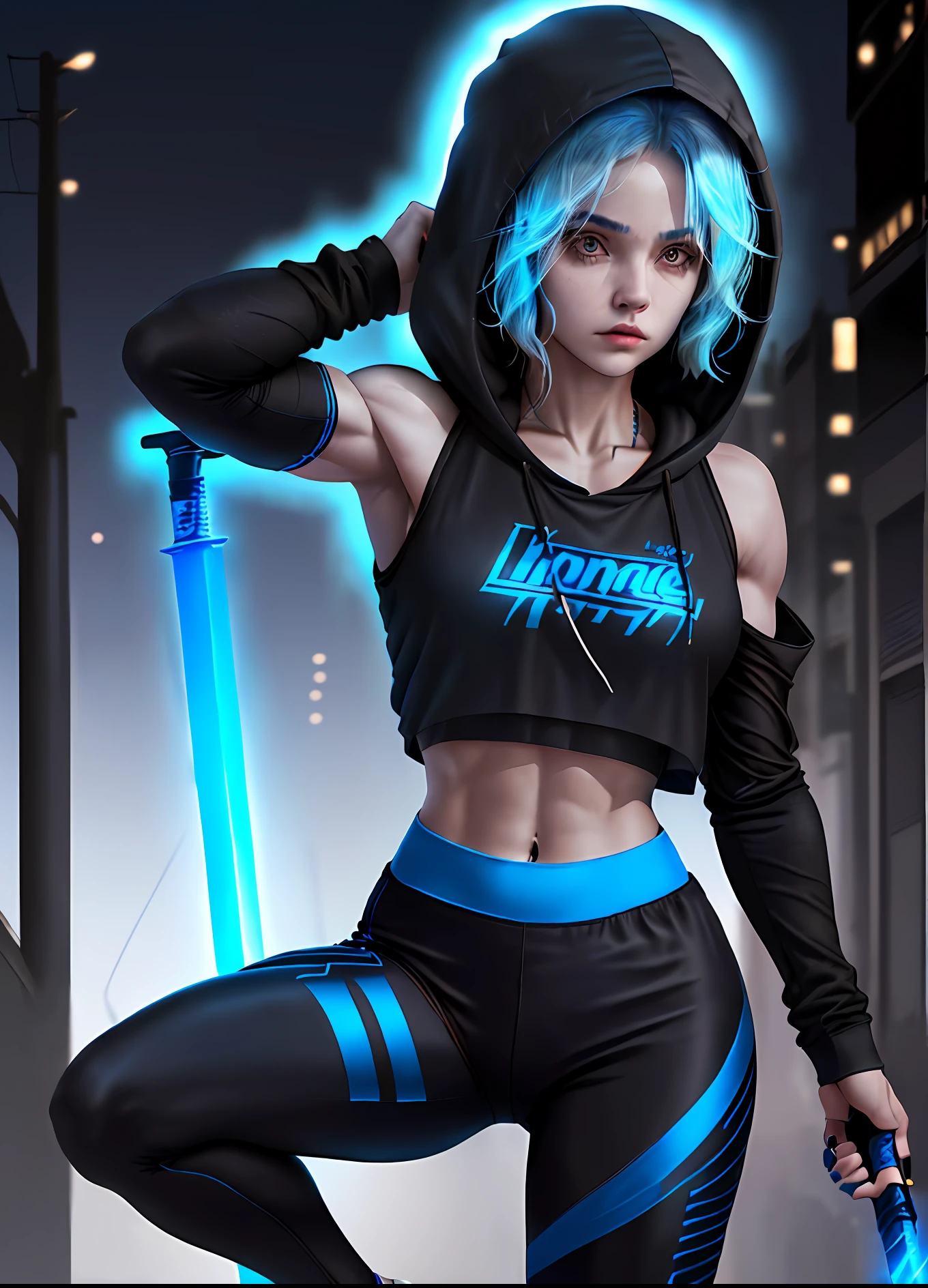 Woman , ((muscle , blue hair, short hair long front locks Wavy)) , ((Black Semi-Sheer Hooded Crop Top with Sports Leggings & Sneakers)) ,(( She hold glowing sword )), night , ((background Street city , light))