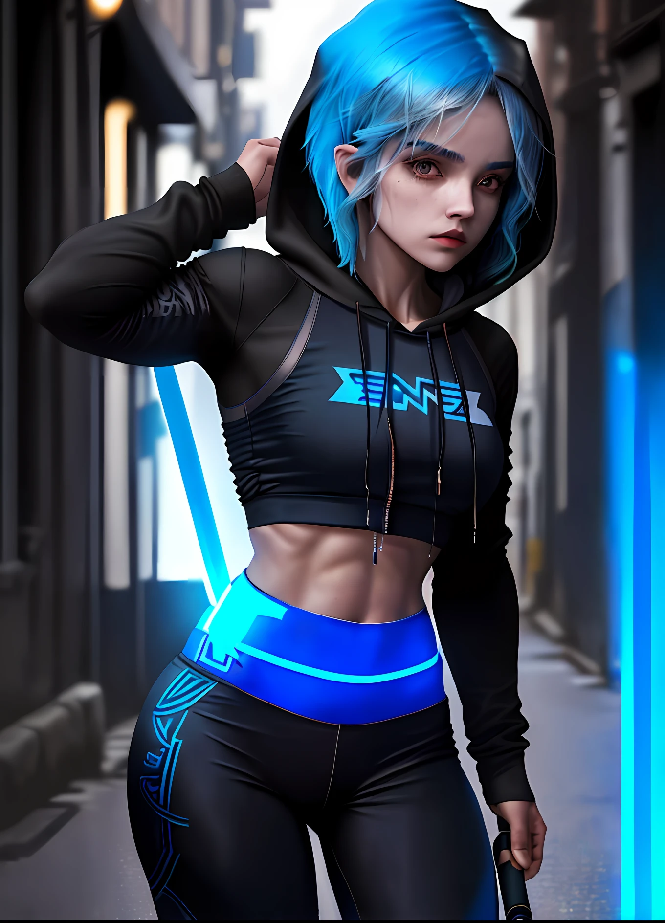 Woman , ((muscle , blue hair, short hair long front locks Wavy)) , ((Black Semi-Sheer Hooded Crop Top with Sports Leggings & Sneakers)) ,(( She hold glowing sword )), night , ((background Street city , light))
