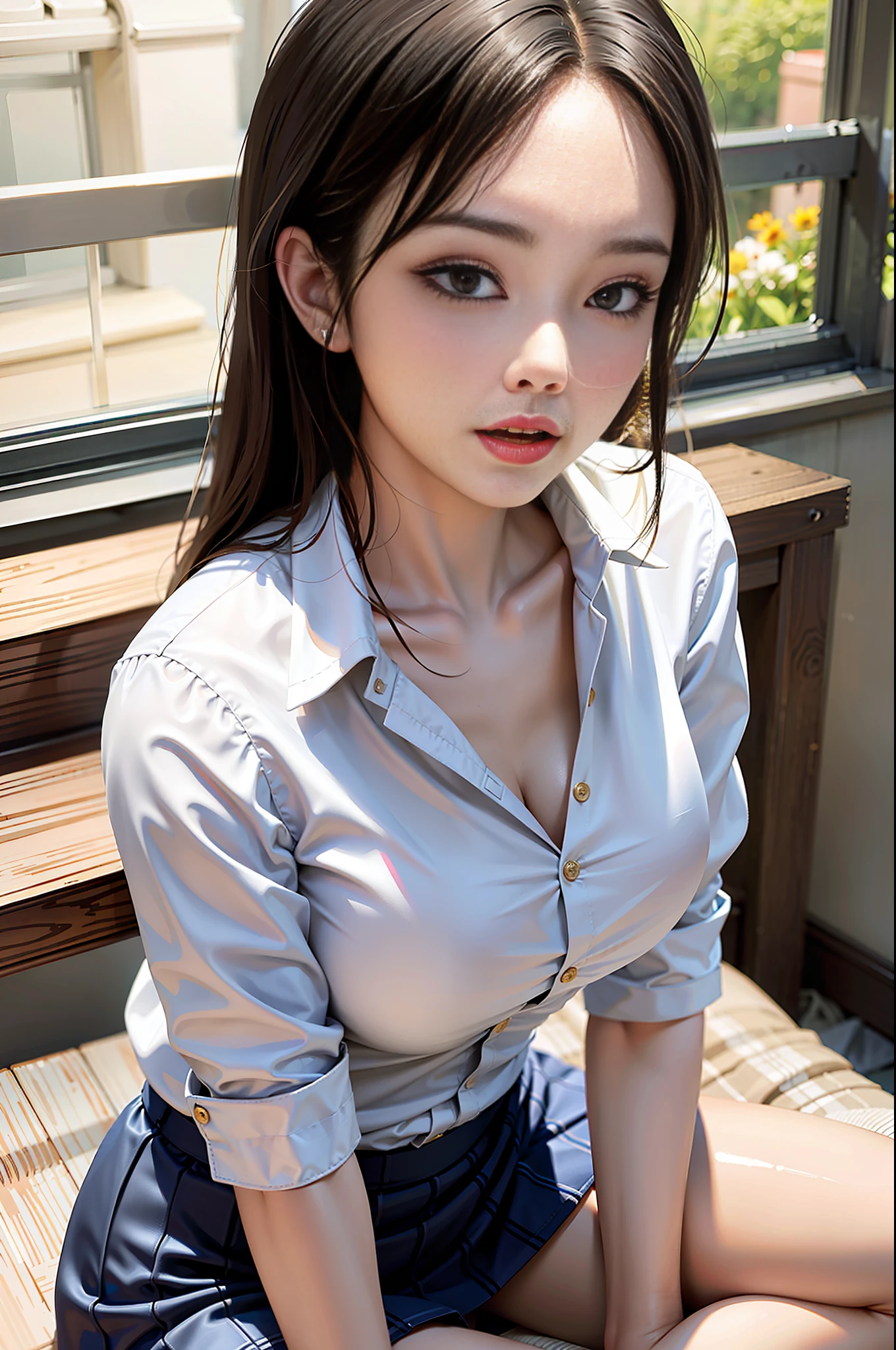 Library, Korean beauties, Korean mixed, realistic, (((best quality))), 8k, ((masterpiece)), (extremely delicate and beautiful), very detailed, ((very detailed face)), (very detailed eyes)), best quality, 1 girl, solo, (single bare-shouldered shirt short: 1.1), shiny skin, shiny hair, heart-shaped pupils, (big breasts: 1.4), short skirt, (sit up straight), (read),