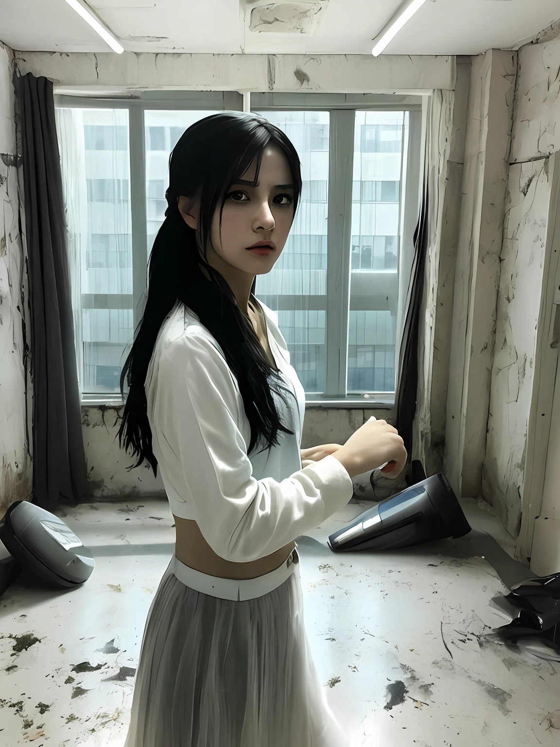 Black-haired female teenager, training knife fight, anger, realistic epic, photo, faded, complicated things around, background room all white, windowless, soaked, neutral color, (HDR)), ((soft color))))), complex scene, art station, intricate details, vignette, face Eren Yeager