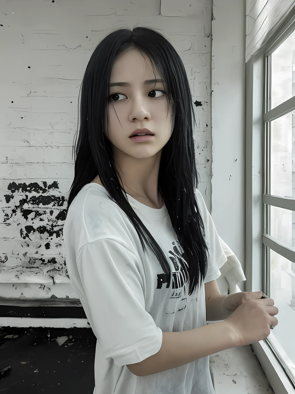 Black-haired female teenager, training knife fight, anger, realistic epic, photo, faded, complicated things around, background room all white, windowless, soaked, neutral color, (HDR)), ((soft color))))), complex scene, art station, intricate details, vignette, face Eren Yeager