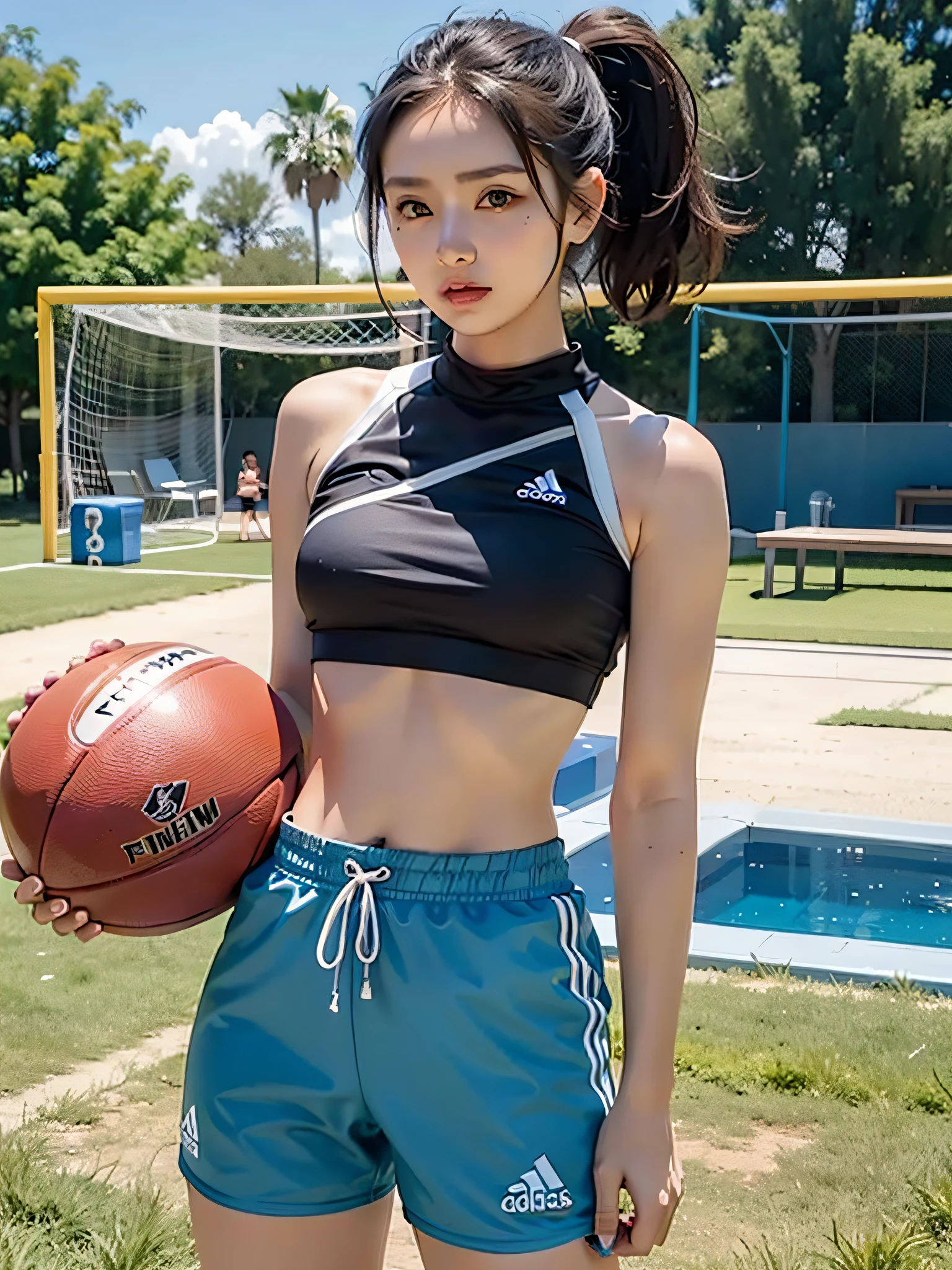 Sporty beauty, football baby, good figure, sunny beauty, happy, crop top
