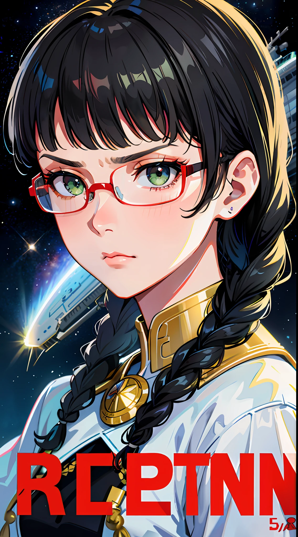 Movie Poster,((Braid Hairstyle : 1.5)),Anime Reference 86 ,Science Fiction,Sci-Fi,Movies,War Action Movies,Space,Atmosphere,Sky,Battleship,Multiple Characters,Women,Adults,Green Eyes,Black Hair,(Pia bangs hairstyle) : 1.8 ),(Red Glasses),General Uniform,White Commander Uniform,Serious Face Light Frown,Realistic Face Detail,Realism,3D Face,