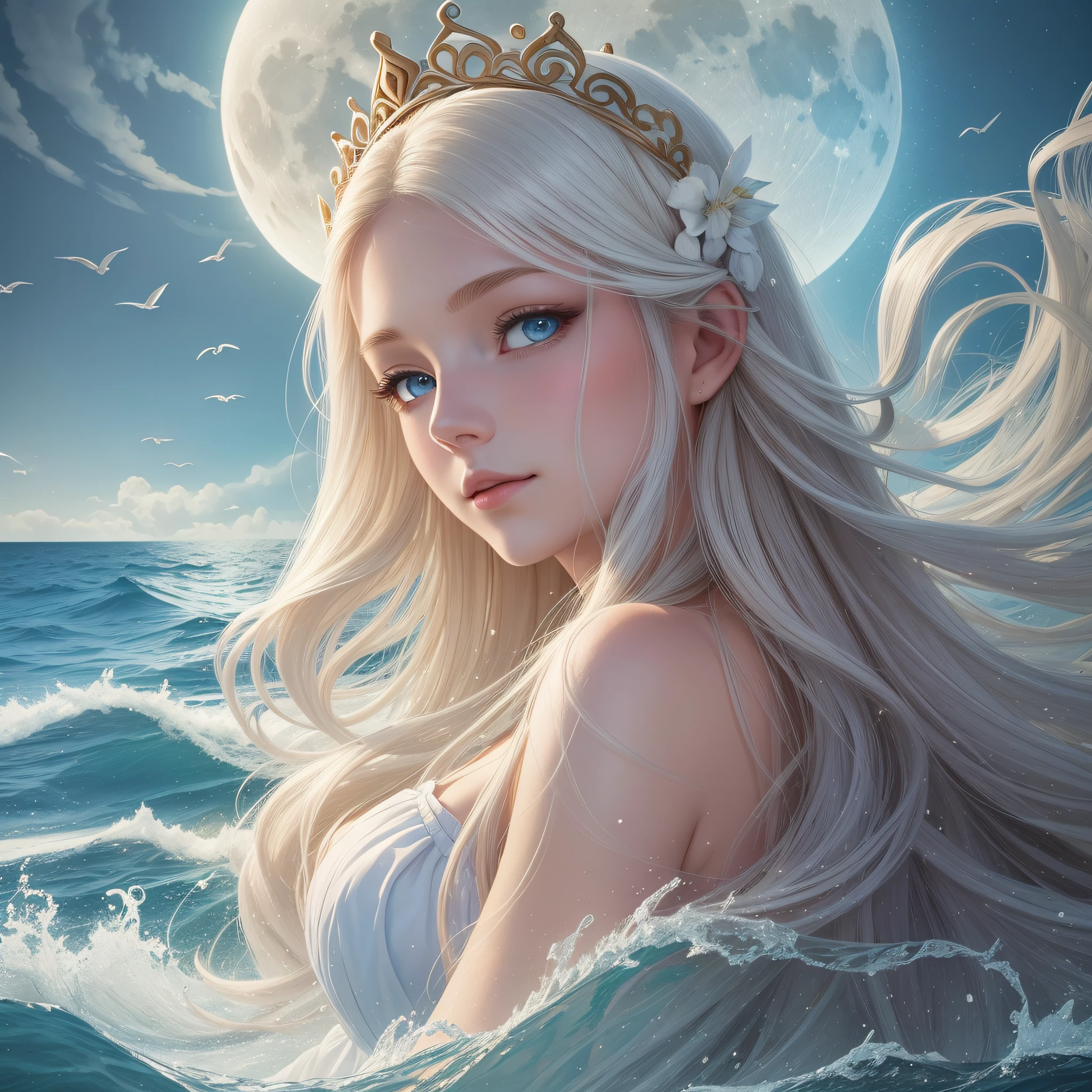 there is one girl coming out of the sea, the Swan Princess from Russian mythology, a beautiful calm face, blue eyes, a long blond braid of hair, the moon moon woven into the hair on the back of her head, white old Russian shining clothes, a kokoshnik crown on her head, an affectionate look, a half-smile, a gentle expression on her face, a seascape background and sunlight, seagulls in the sky, full-length, photorealism