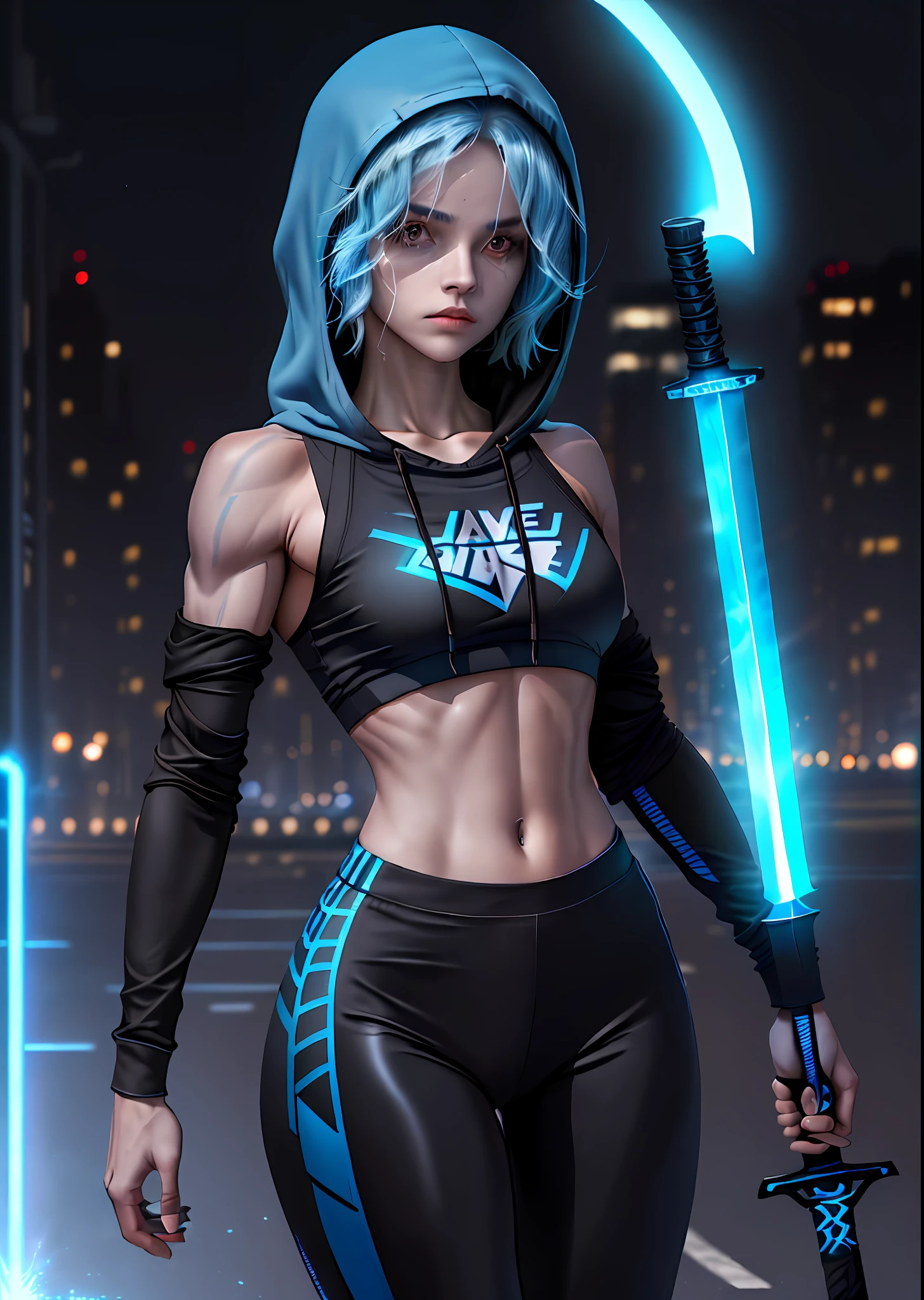 Woman , ((muscle , blue hair, short hair long front locks Wavy)) , ((Black Semi-Sheer Hooded Crop Top with Sports Leggings & Sneakers)) ,(( She hold glowing sword )), night , ((background Street city , light))