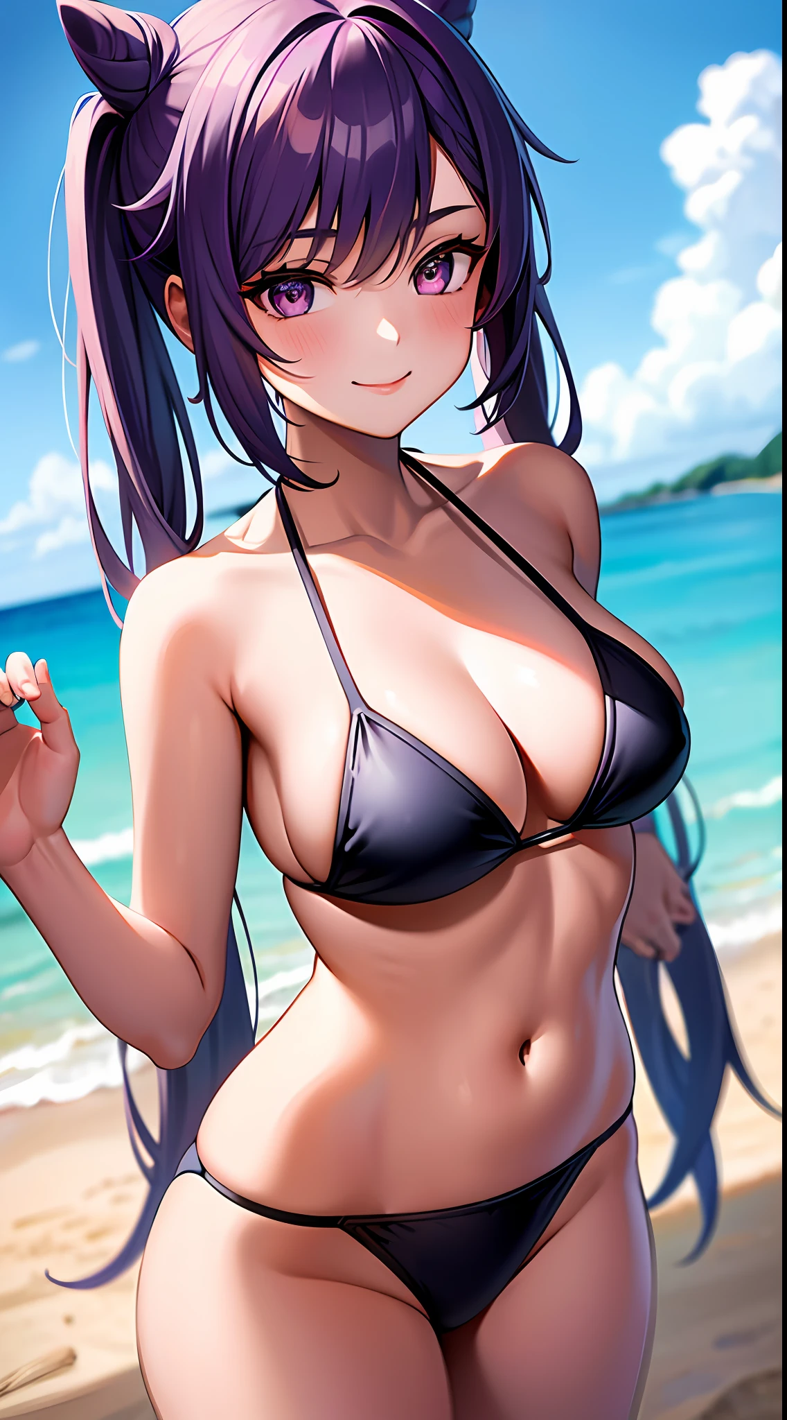 1girl, masterpiece, best quality, medium close-up, ((bikini)), smiling, beach