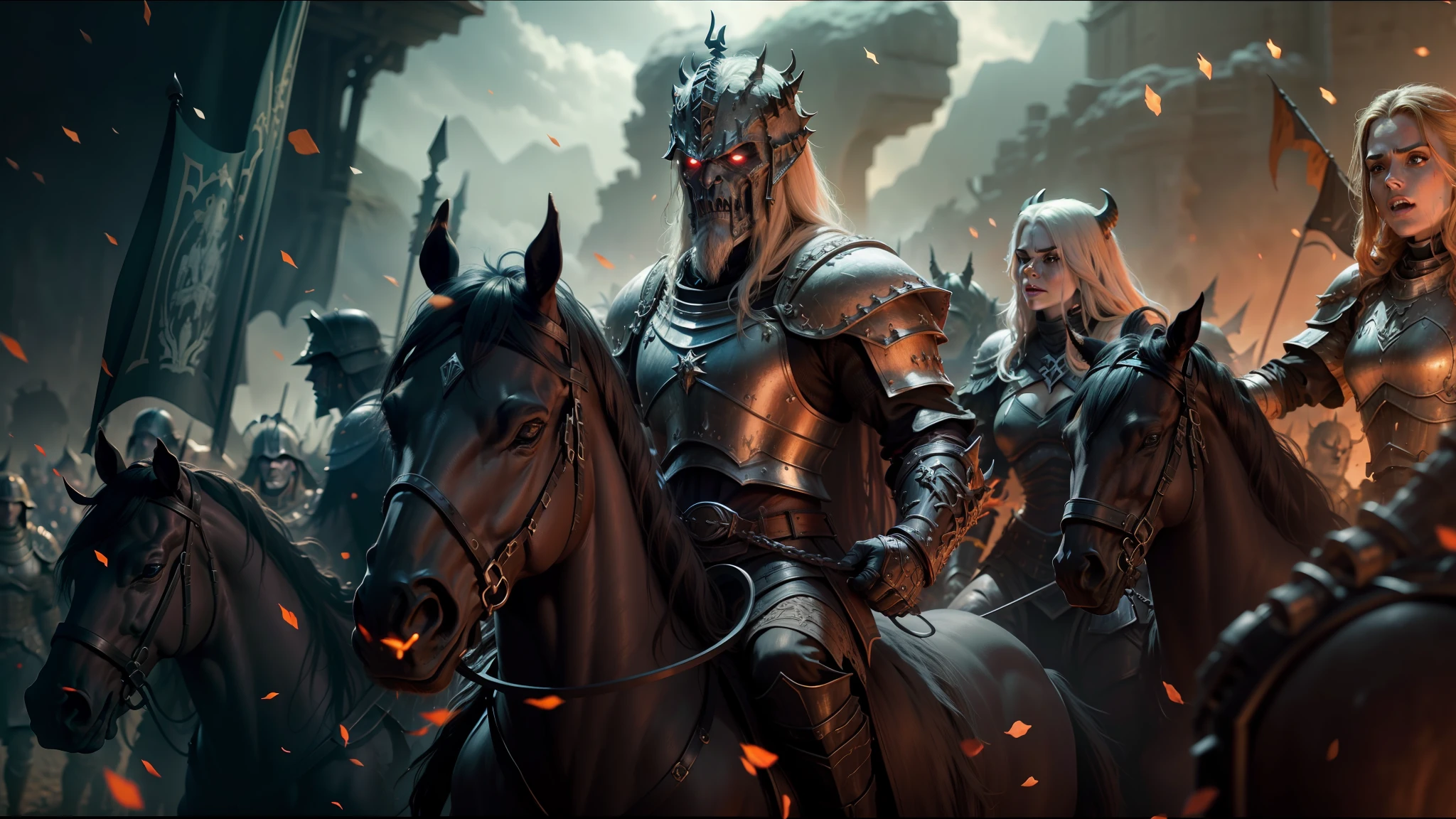 arafed image of a group of people riding horses in a field, elden ring cinematic lighting, undead soldiers in background, heavy metal band promo, animation still screencap, khorne, black shirt underneath armor, an ork, movie trailer, bw 3 d render, rivers of blood, dark castle background