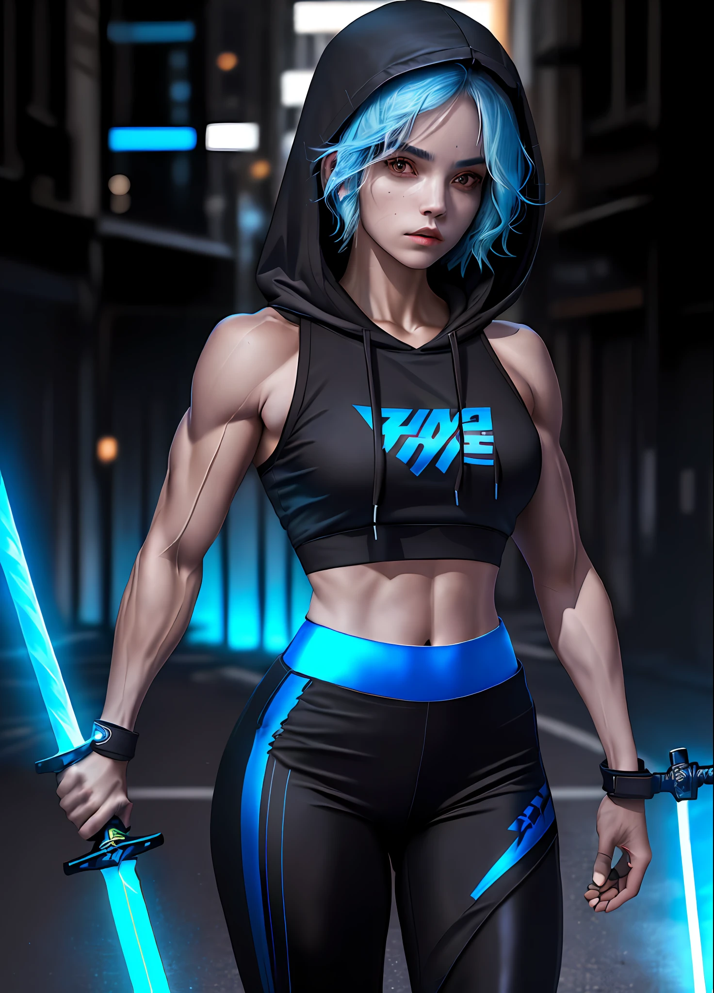 Woman , ((muscle , blue hair, short hair long front locks Wavy)) , ((Black Semi-Sheer Hooded Crop Top with Sports Leggings & Sneakers)) ,(( She hold glowing sword )), night , ((background Street city , light))