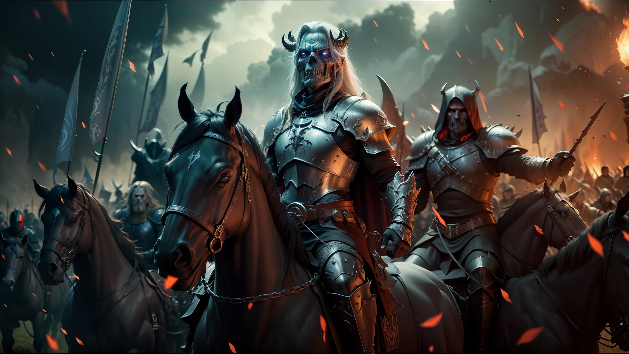 arafed image of a group of people riding horses in a field, elden ring cinematic lighting, undead soldiers in background, heavy metal band promo, animation still screencap, khorne, black shirt underneath armor, an ork, movie trailer, bw 3 d render, rivers of blood, dark castle background