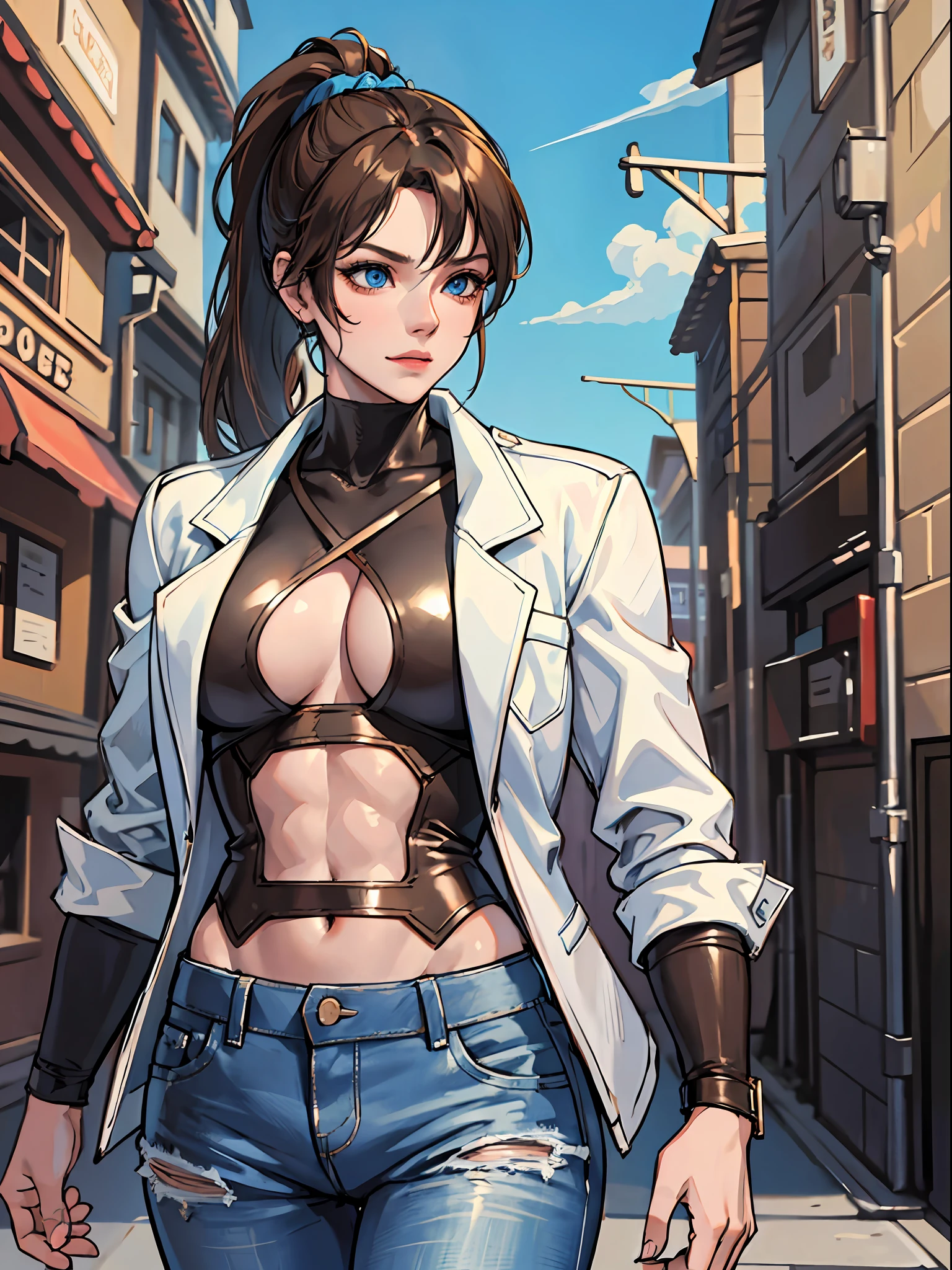 16K, HDR, ray tracing, RTX, ultra realistic, highres, best quality, masterpiece, half body image, (perfect anatomy ), a beautiful mature edgy cool sassy girlfriend posing for a photograph in an alleyway, wearing a modern white t-shirt with a black off shoulder jacket, light blue jeans, brown ponytail, bangs, happy chuckle, carrying a brown leather hand bad, blue eyes, muscular lean body, looking at the camera, day time, blue sky, anime style, outdoors, trending on artstation, WLOP, sakimichan, award wining, great composition, perfect, great lighting