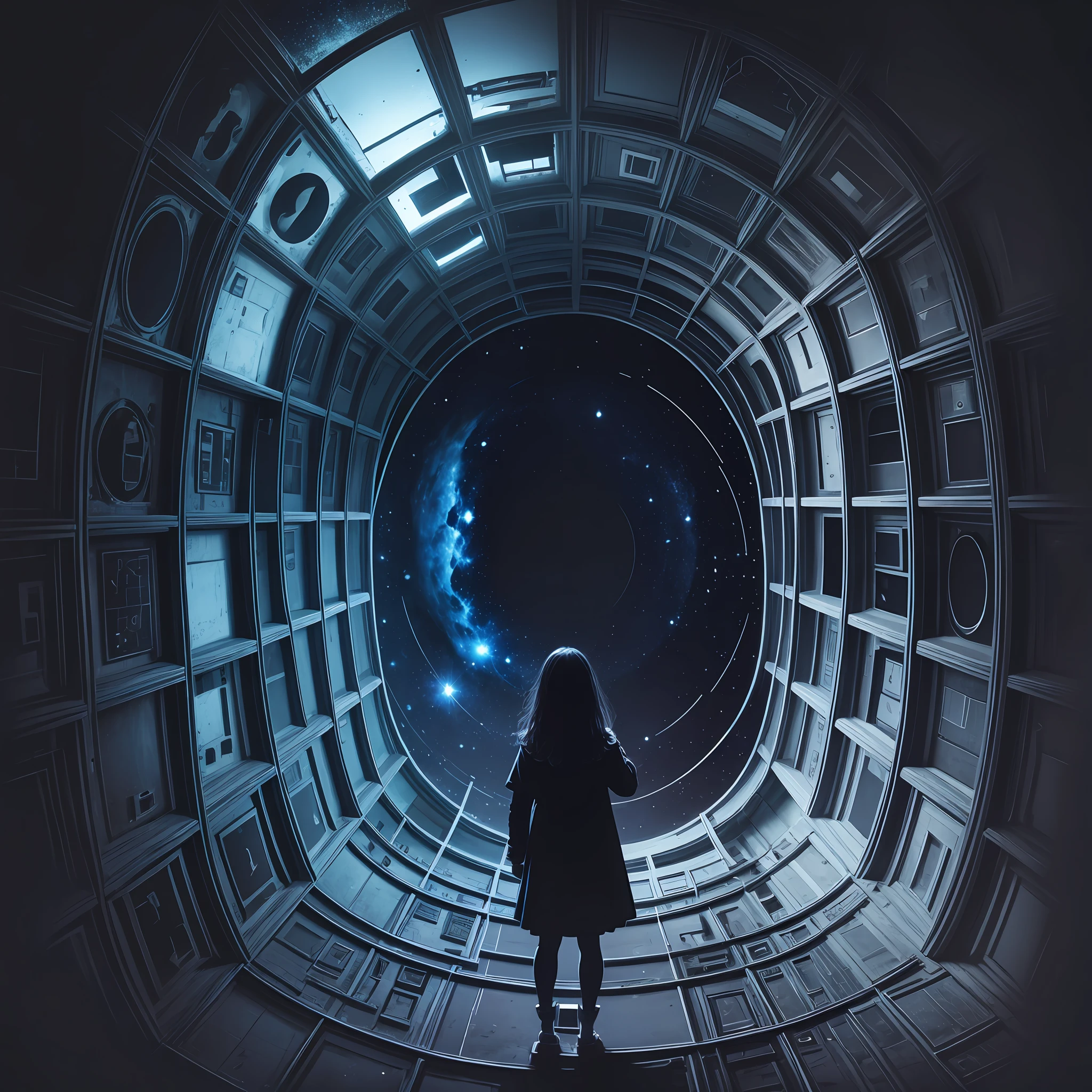 Dark room with a door in the middle, inside which is the universe, mysterious --auto --s2