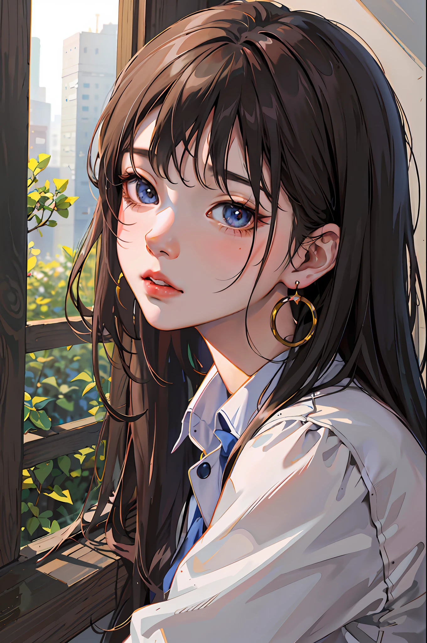 anime girl with long hair looking out of window with city in background, beautiful anime portrait, detailed portrait of anime girl, kawaii realistic portrait, portrait anime girl, artwork in the style of guweiz, realistic anime artstyle, portrait of an anime girl, cute anime girl portrait, realistic anime art style, digital anime illustration, anime style portrait, stunning anime face portrait