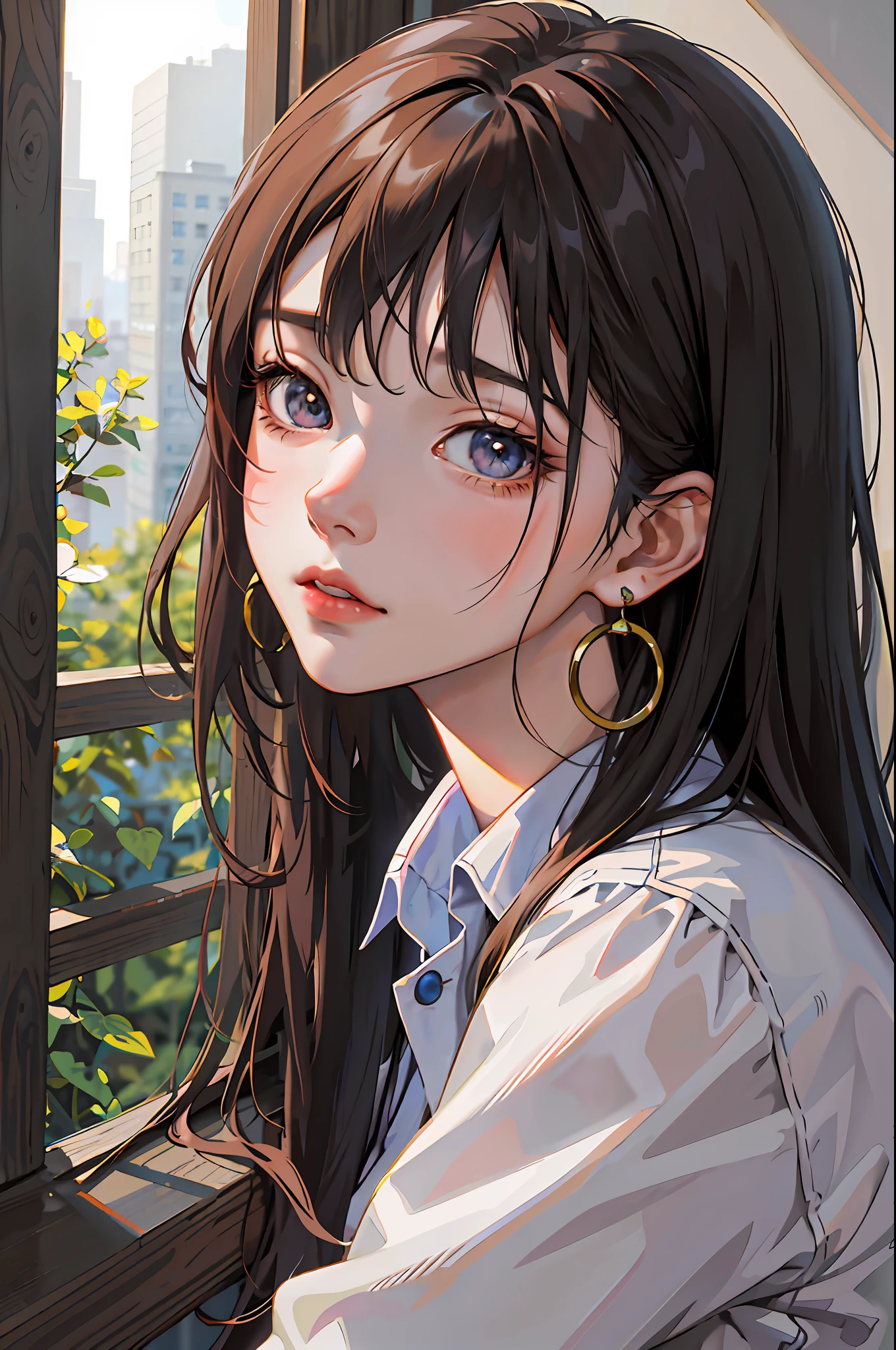 anime girl with long hair looking out of window with city in background, beautiful anime portrait, detailed portrait of anime girl, kawaii realistic portrait, portrait anime girl, artwork in the style of guweiz, realistic anime artstyle, portrait of an anime girl, cute anime girl portrait, realistic anime art style, digital anime illustration, anime style portrait, stunning anime face portrait