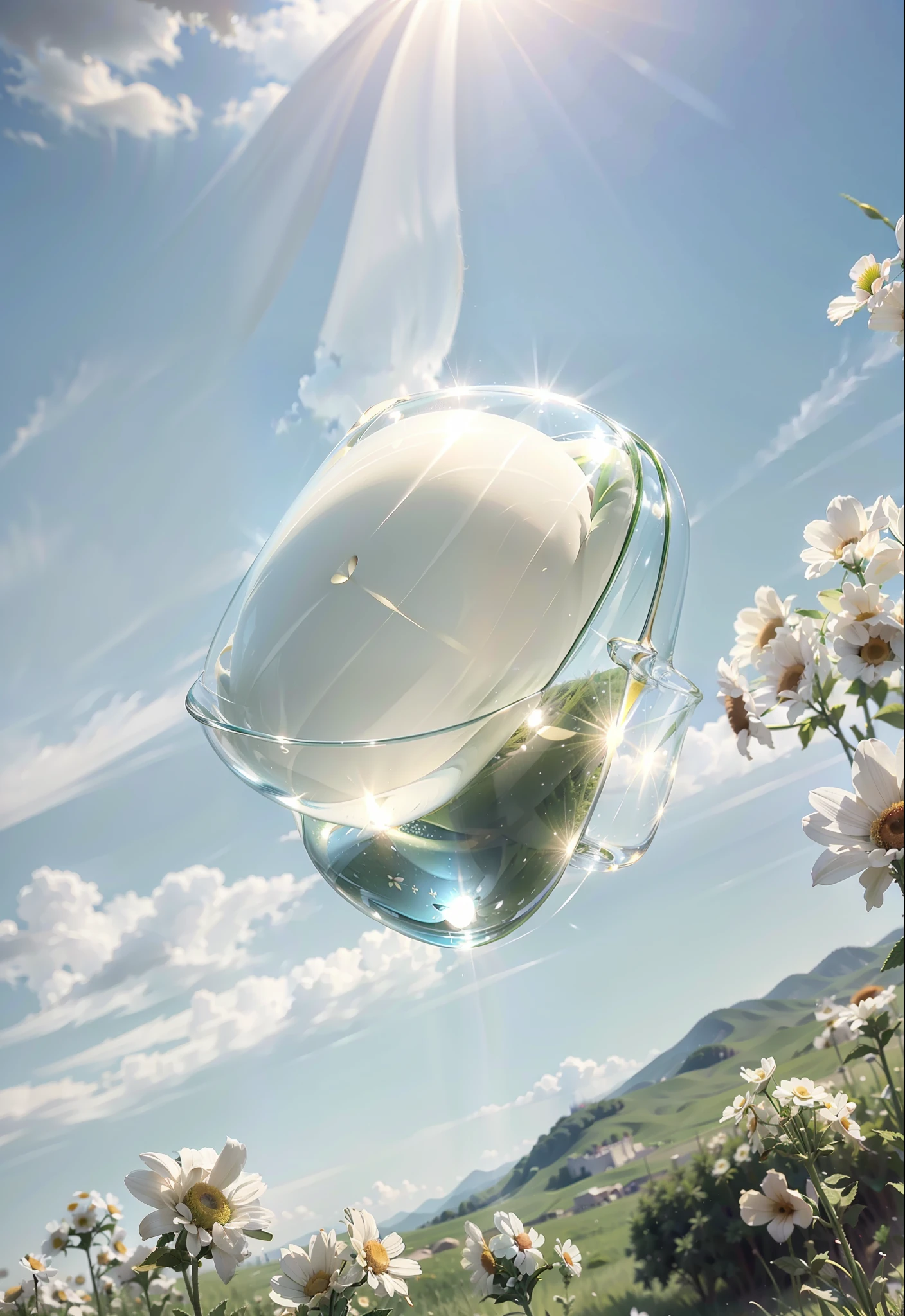 A creamy pan, summer prairie, meadow, few florets, hot weather, HD detail, hyper-detail, cinematic, surrealism, soft light, deep field focus bokeh, ray tracing, and surrealism. --v 6