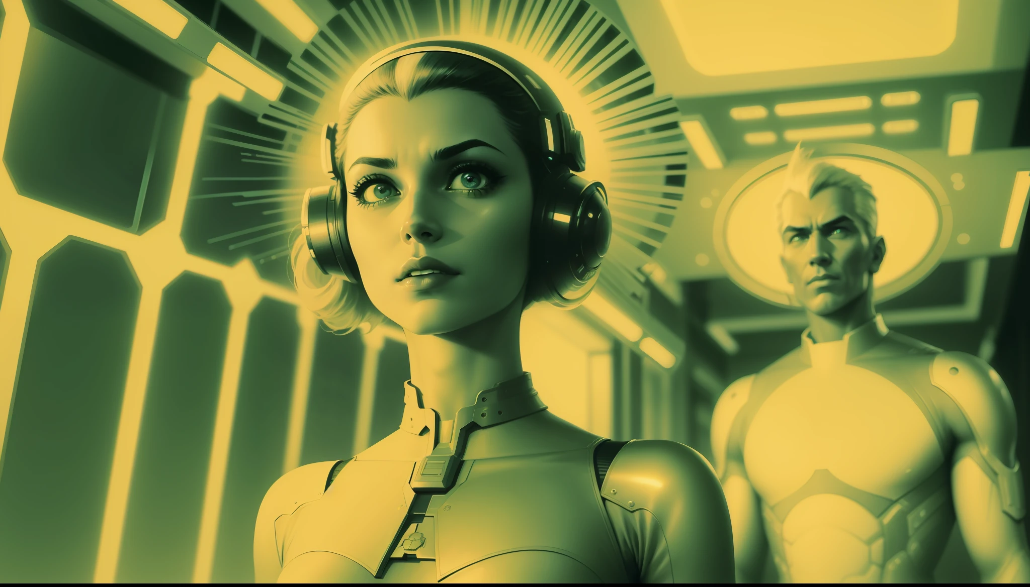 a man and a woman standing next to each other, a comic book panel by Kuno Veeber, cgsociety, retrofuturism, reimagined by industrial light and magic, sci-fi, futuristic