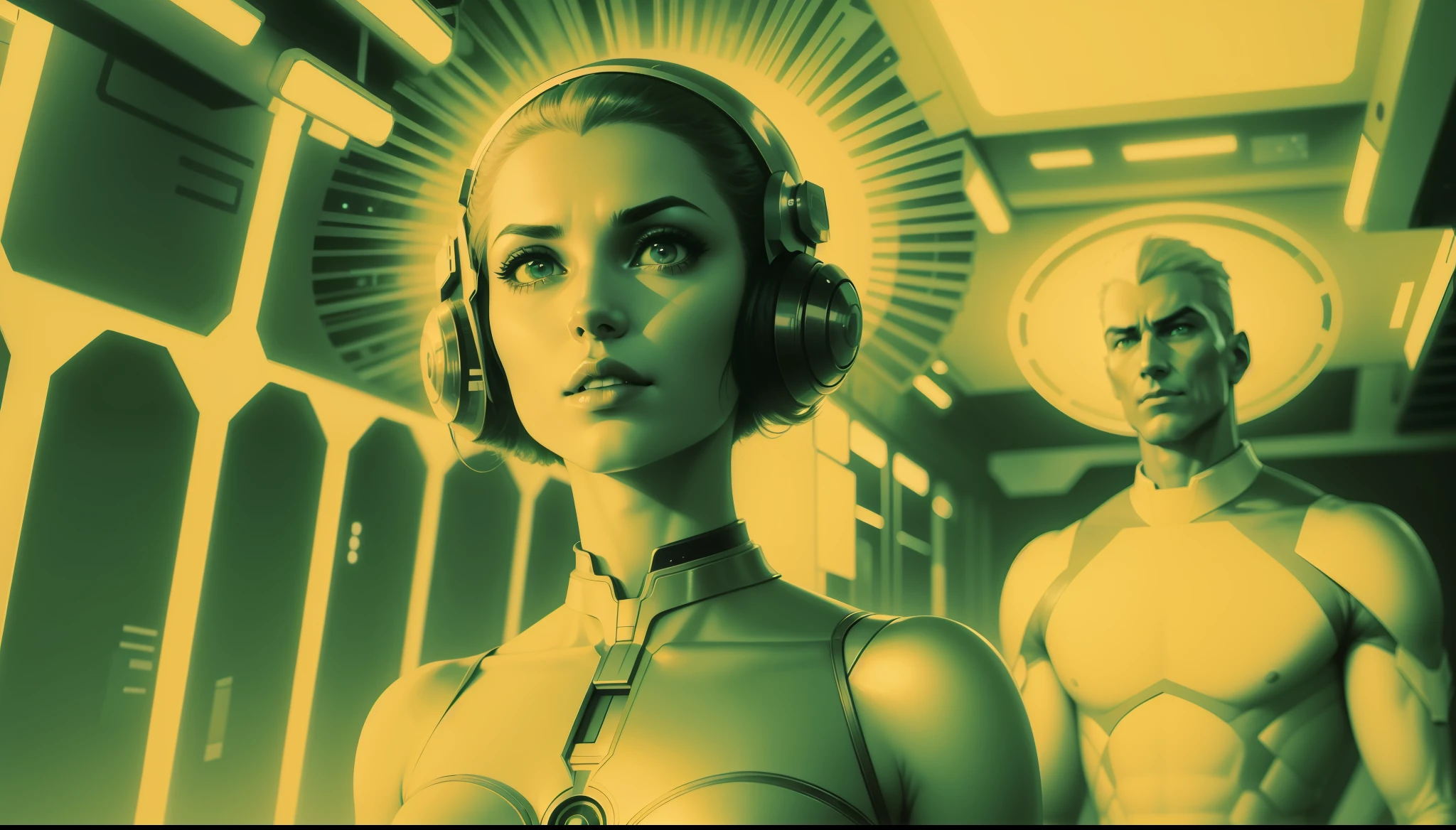 a man and a woman standing next to each other, a comic book panel by Kuno Veeber, cgsociety, retrofuturism, reimagined by industrial light and magic, sci-fi, futuristic
