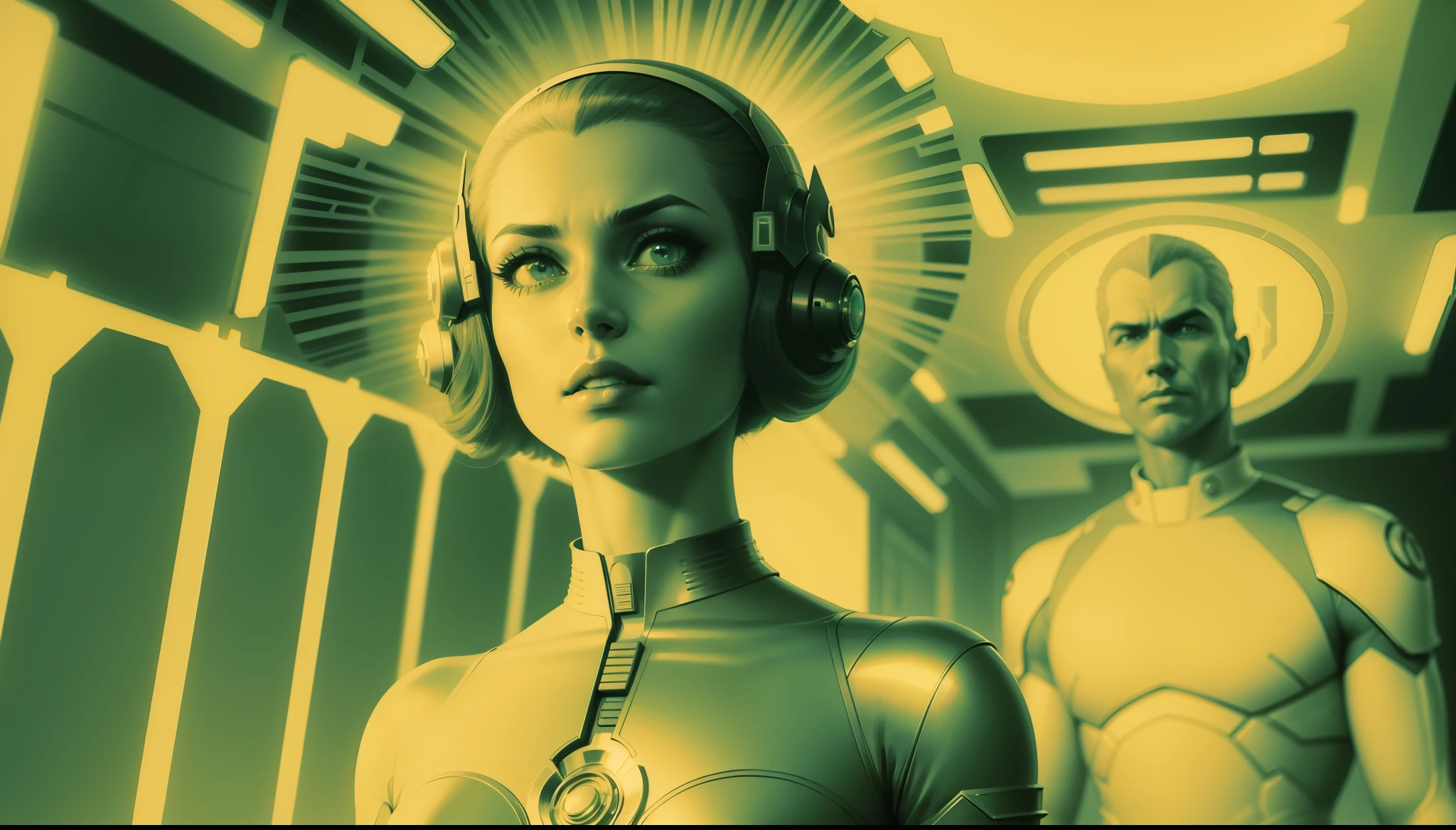 a man and a woman standing next to each other, a comic book panel by Kuno Veeber, cgsociety, retrofuturism, reimagined by industrial light and magic, sci-fi, futuristic