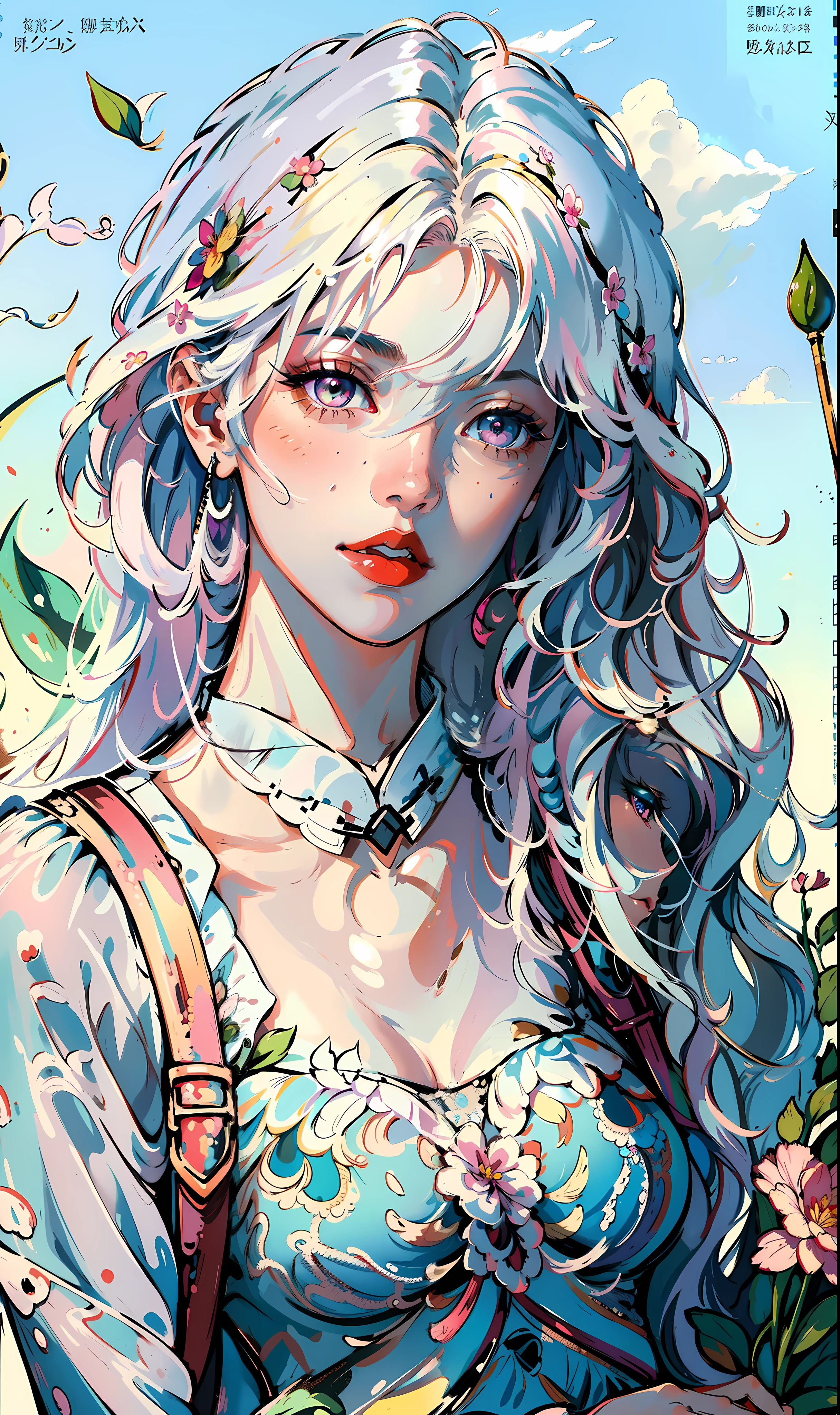 Masterpiece, Superb Quality, Ultra Detailed, Illustration, Portrait, 1girl, Colorful Eyes, Long Hair, Curly Hair, Bangs, Hand Bouquet, Pink Tulip, Looking Sideways at the Camera, Pure White Background, Gradient Background, Suspenders, Off-the-Shoulders, Modern Dress, Swordsman, White Hair, White Hair, Guvez Art Style, --v6