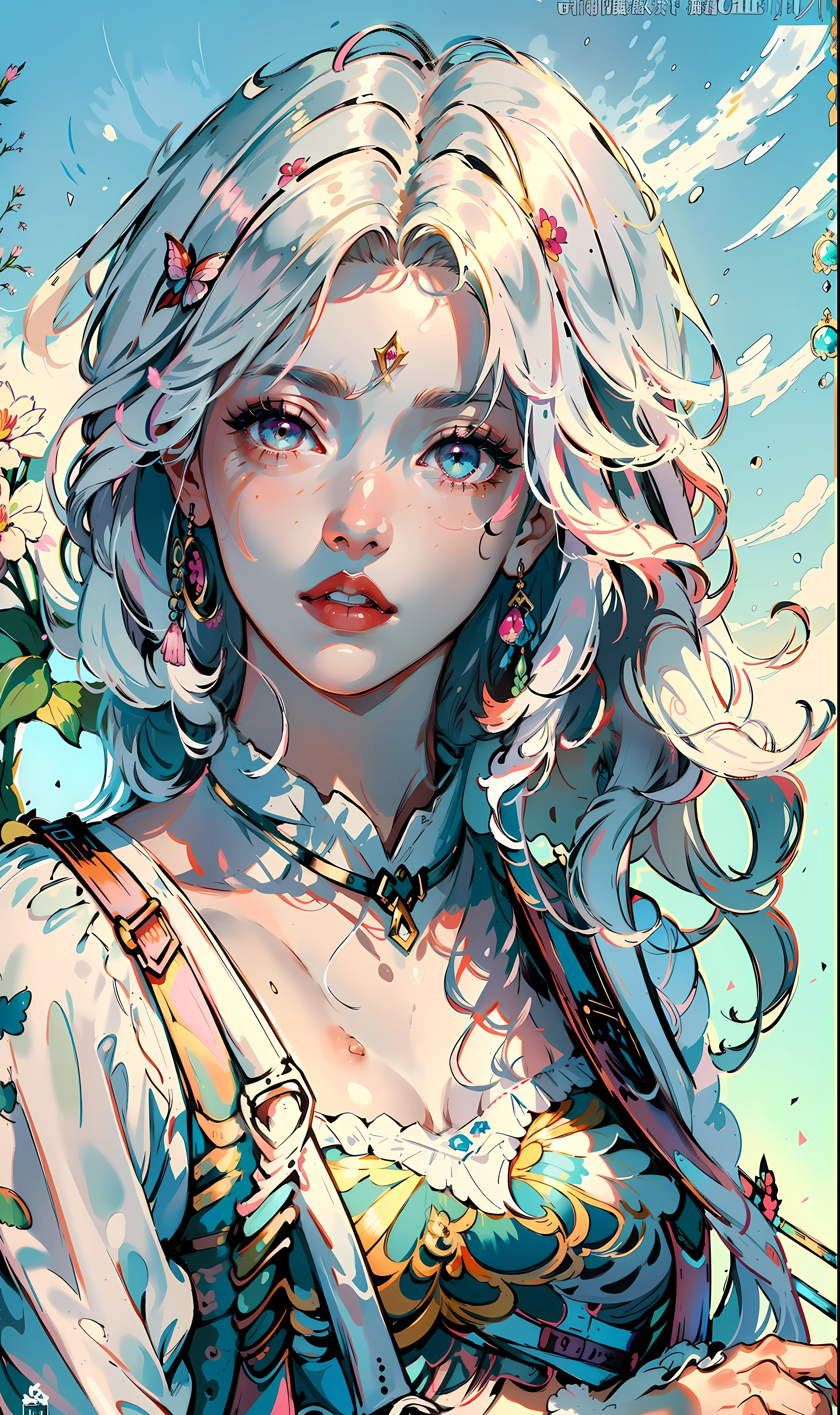 Masterpiece, Superb Quality, Ultra Detailed, Illustration, Portrait, 1girl, Colorful Eyes, Long Hair, Curly Hair, Bangs, Hand Bouquet, Pink Tulip, Looking Sideways at the Camera, Pure White Background, Gradient Background, Suspenders, Off-the-Shoulders, Modern Dress, Swordsman, White Hair, White Hair, Guvez Art Style, --v6