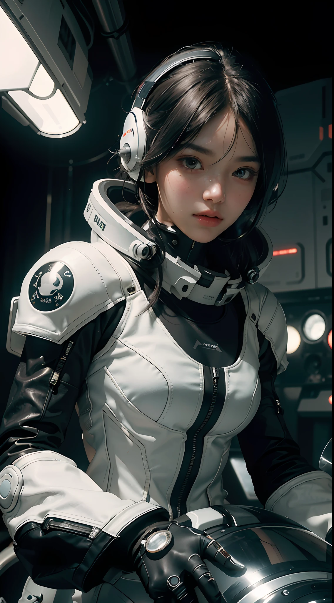 Highest image quality, outstanding details, ultra-high resolution, (realism: 1.4), the best illustration, favor details, highly condensed 1girl, with a delicate and beautiful face, dressed in a black and white full futuristic spacesuit, holding a directional controller, on a motorcycle, the background is a high-tech lighting scene of the future city.
