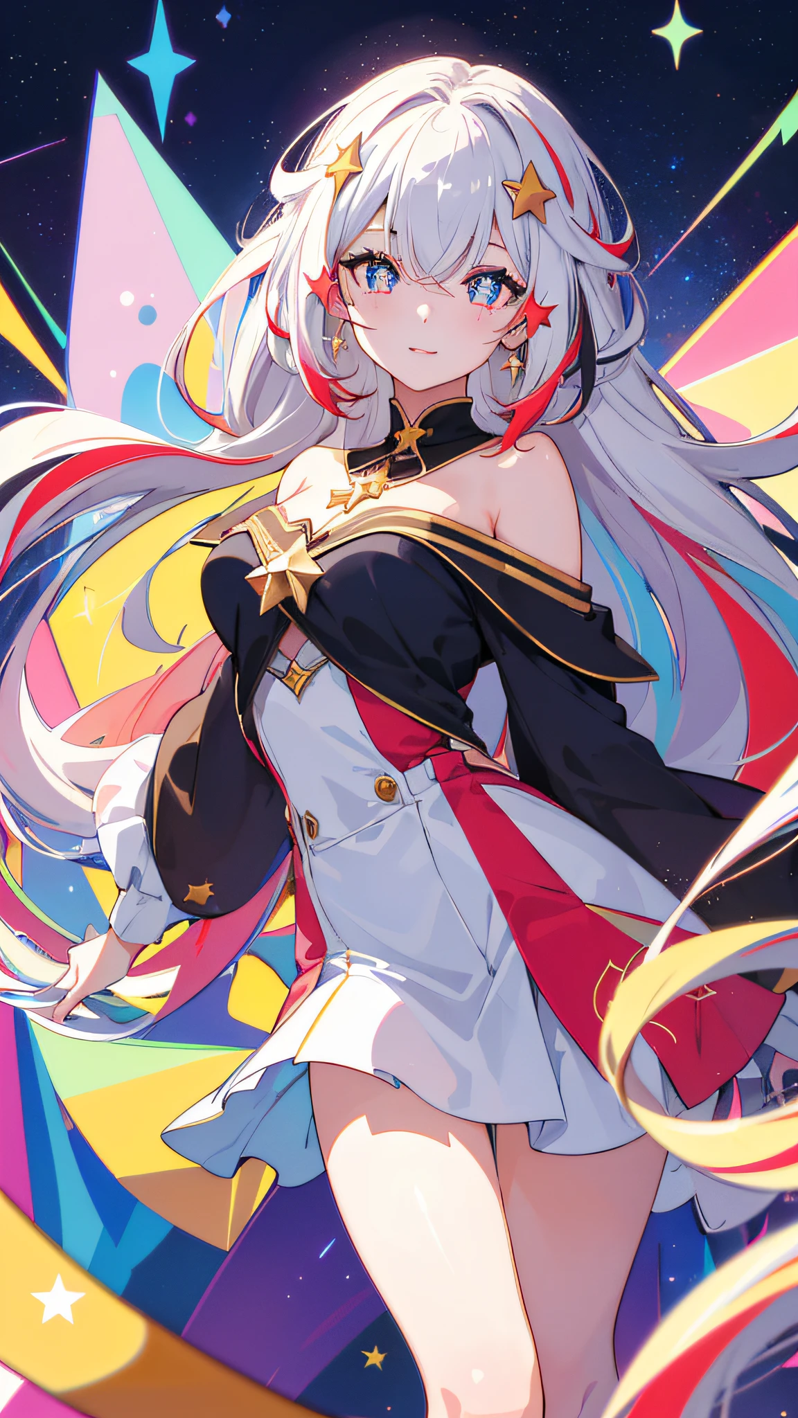 (masterpiece, best quality), ((1girl, (mature female) long hair), (star-shaped pupils,  +_+, symbol-shaped pupils, sparkling eyes)), (looking at viewer, light smile, off shoulder), (multicolored background, abstract background, chromatic aberration),