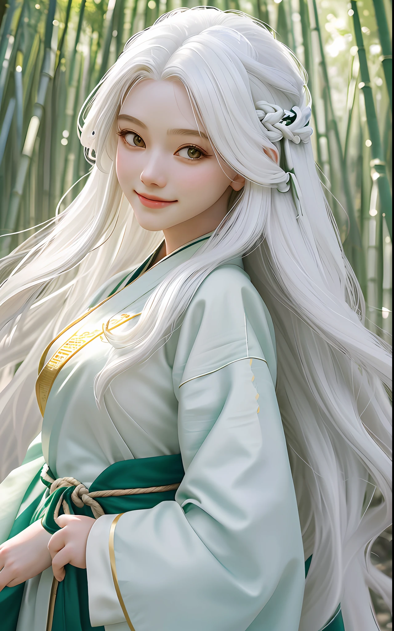 1 girl, long hair big waves, white hair, golden eyes, green hanfu, robe, perfect body, deep view, bamboo forest, close-up, large aperture, blurred background, smile healing, very healing, very beautiful girl, beautiful that people can't forget when they see it, perfect picture quality, the feeling of first love,