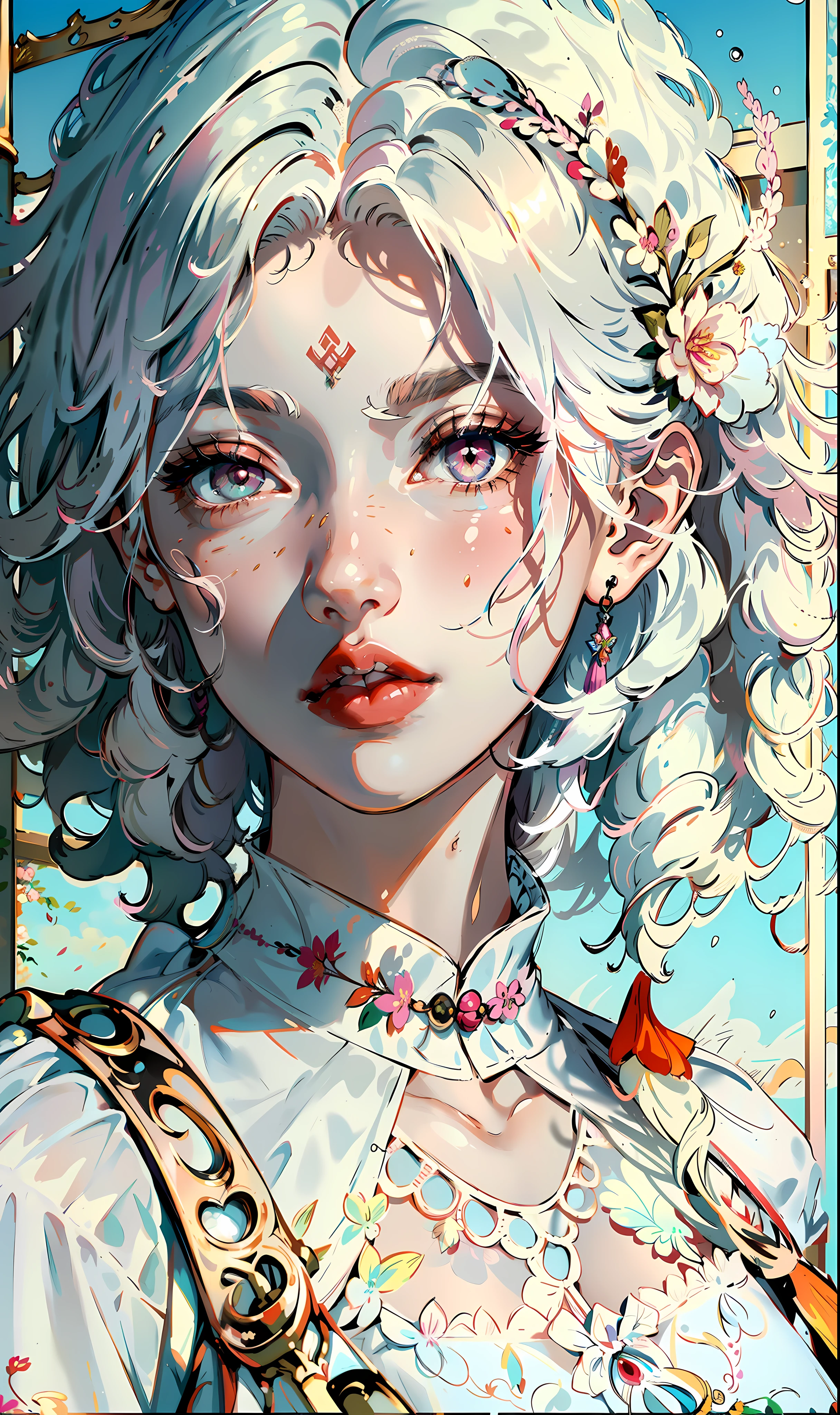Masterpiece, Superb Quality, Ultra Detailed, Illustration, Portrait, 1girl, Colorful Eyes, Long Hair, Curly Hair, Bangs, Hand Bouquet, Pink Tulip, Looking Sideways at the Camera, Pure White Background, Gradient Background, Suspenders, Off-the-Shoulders, Modern Dress, Swordsman, White Hair, White Hair, Guvez Art Style, --v6