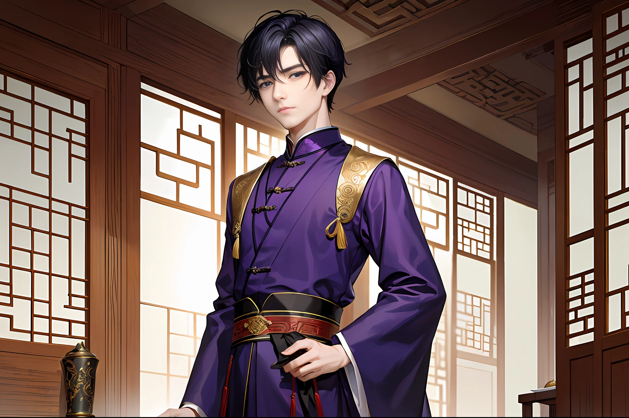 Masterpiece, Excellent, One Day, 1 person, 16 years old boy, Chinese style, ancient Chinese, young master, purple clothes, black hair, super short hair, blue eyes, split ends, handsome, masculine, gentle, Chinese, ancient style architecture.