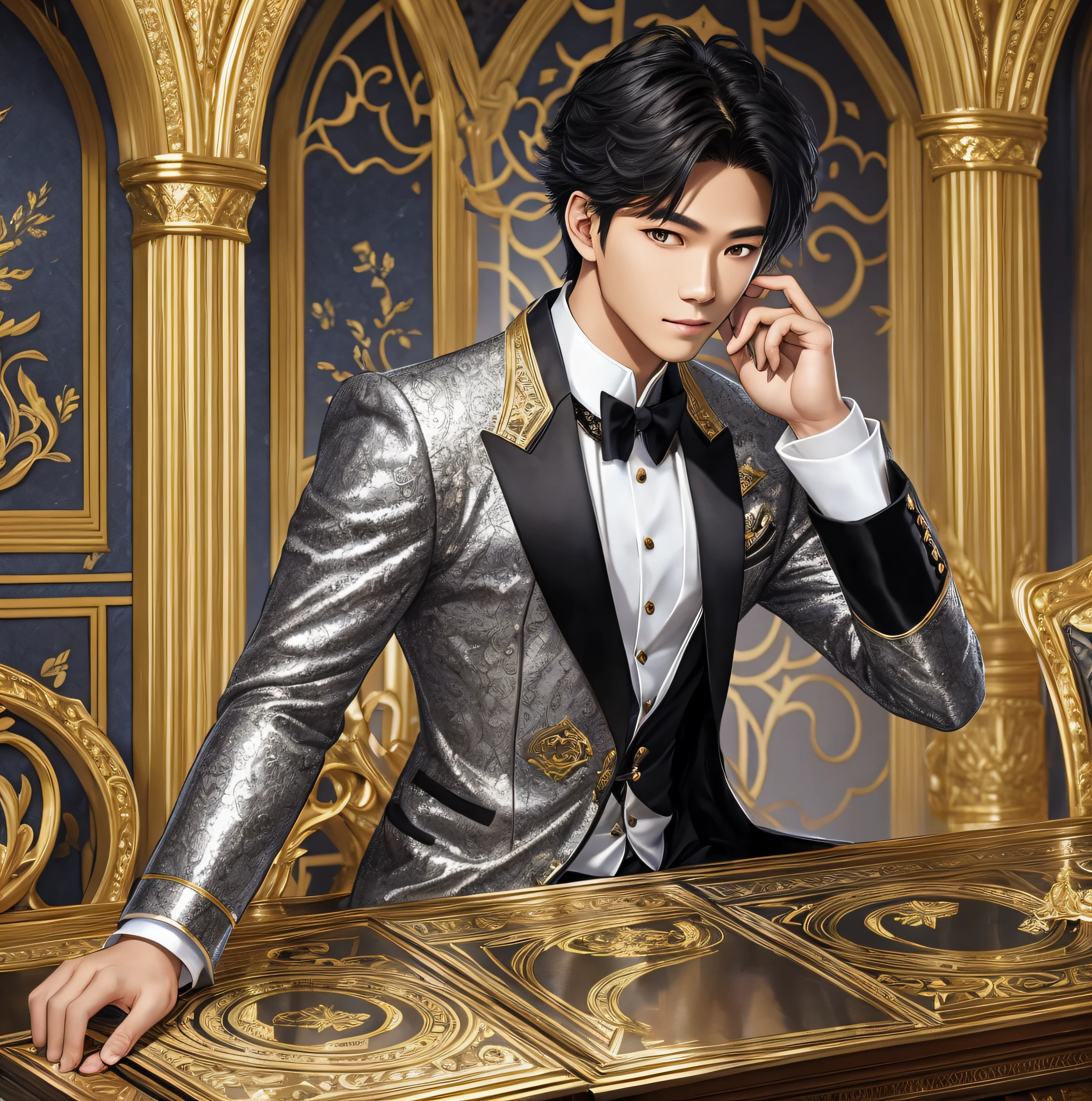 For the cover of Livrro "Silver Prince" by author David Franklin: Create the image of a young 20-year-old Thai, handsome, who has silver eyes and wears black gala clothes, behind him, rising in the night, has a Victorian stone mansion --auto --s2