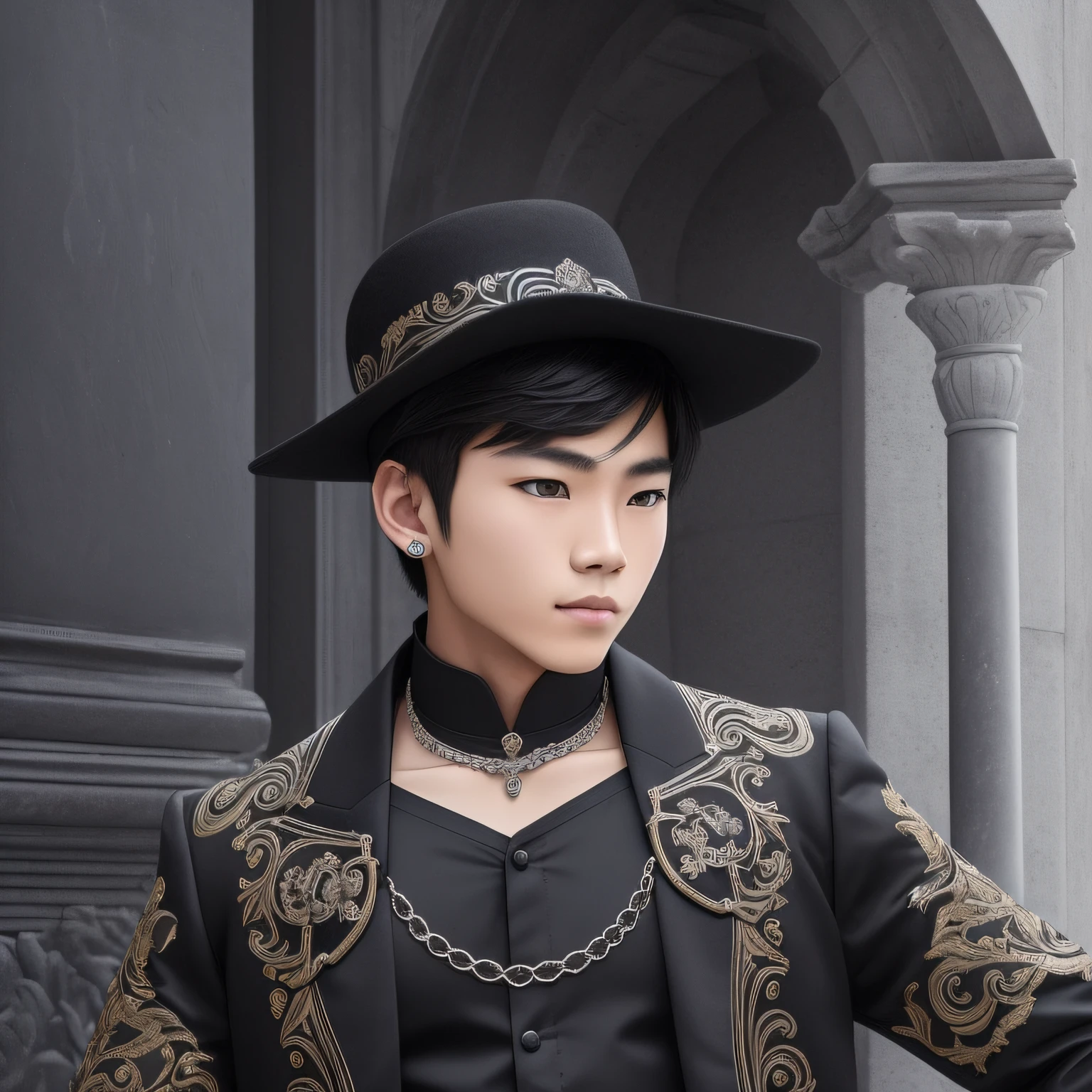 Create the image of a young boy of 20 years, Thai, handsome, who has silver and bright eyes, he is a sorcerer, from the narix up he wears a black mask and wears black gala clothes, behind him, rising in the night, has a Victorian mansion of stone.